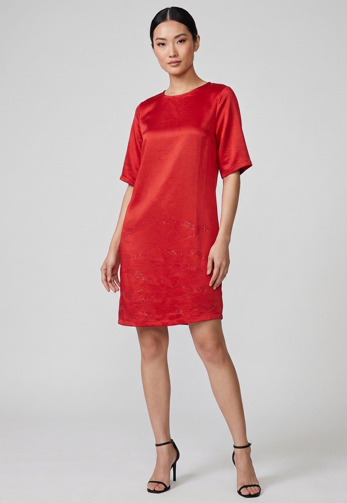 Vestido Lez a Lez Manga Curta Aplicação Vermelho