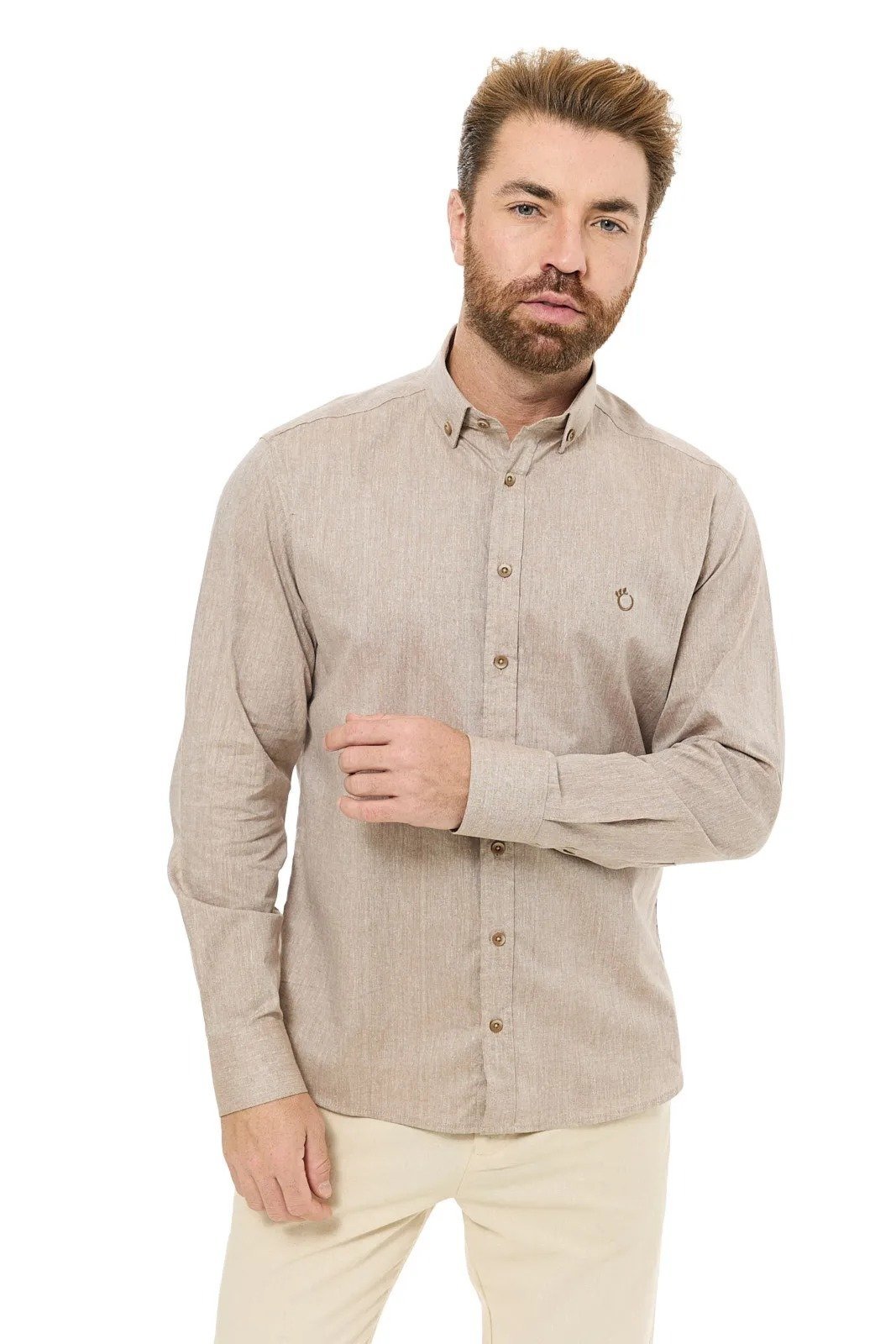 Camisa Social Masculina Olimpo Manga Longa Linho Marrom