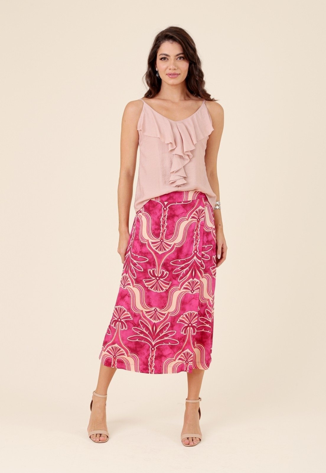 Saia Midi Pop Me Com Transpasse Em Viscose Estampada Oásis Rosa