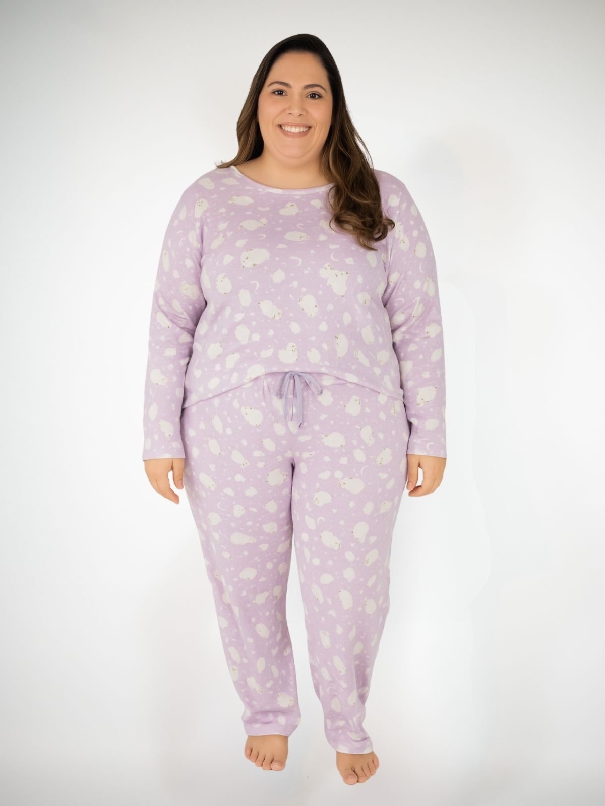Pijama Algodão Plus Size Feminino Básico Longo Melissa – Ovelha Lilás