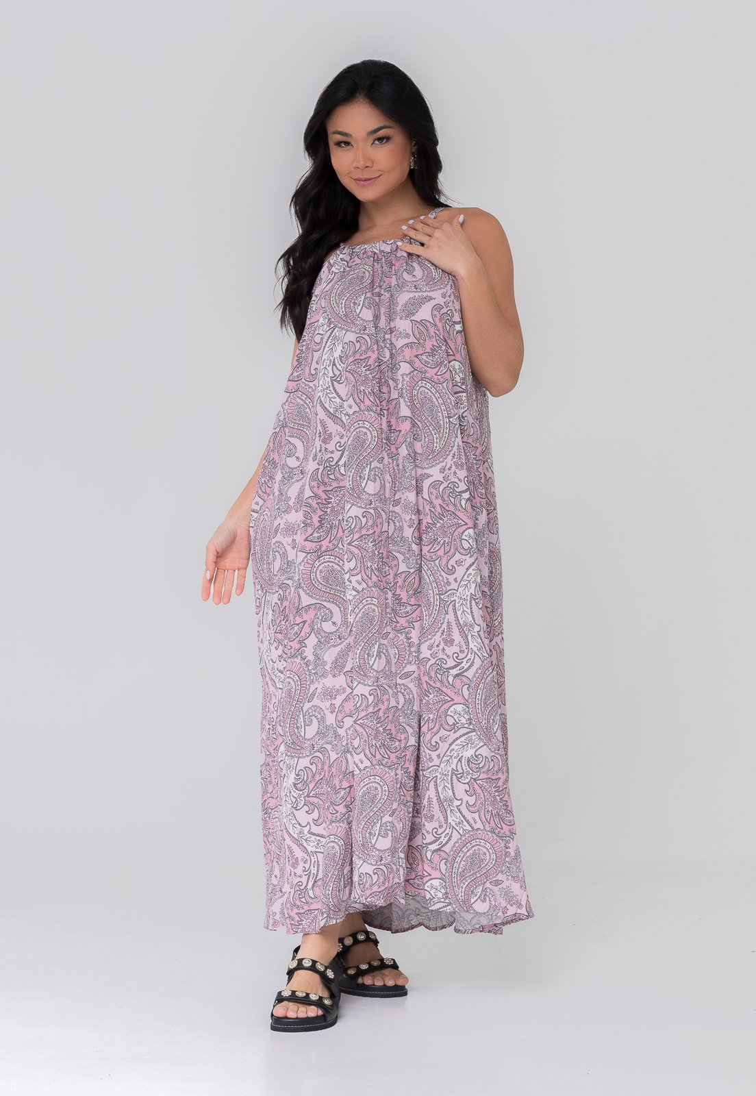 Vestido Aura Ohana Viscolinho Paisley Lilás