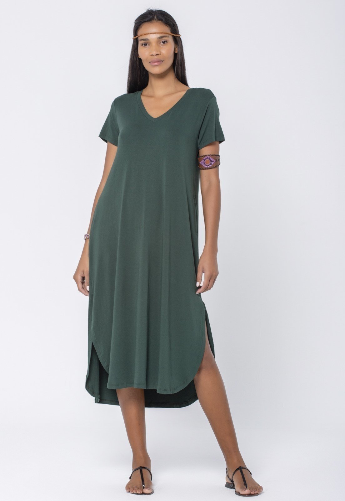 Vestido Midi Amazonia Vital Malha com Bolso Verde Musgo