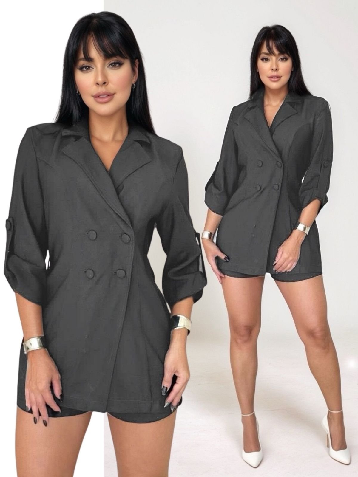 Macacão Blazer Transpassado Tropical Fashion com Mangas 3/4 – Cinza