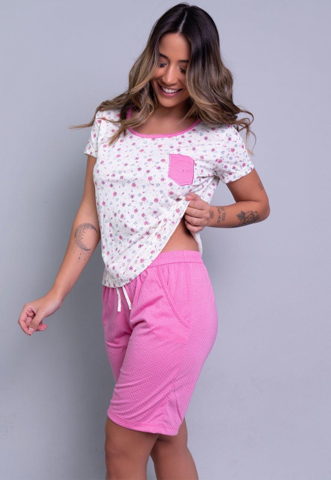 Vista 3 Pijama WLS Modas Blusa Estampada e Bermuda Hadassa rosa WLS Modas rosa