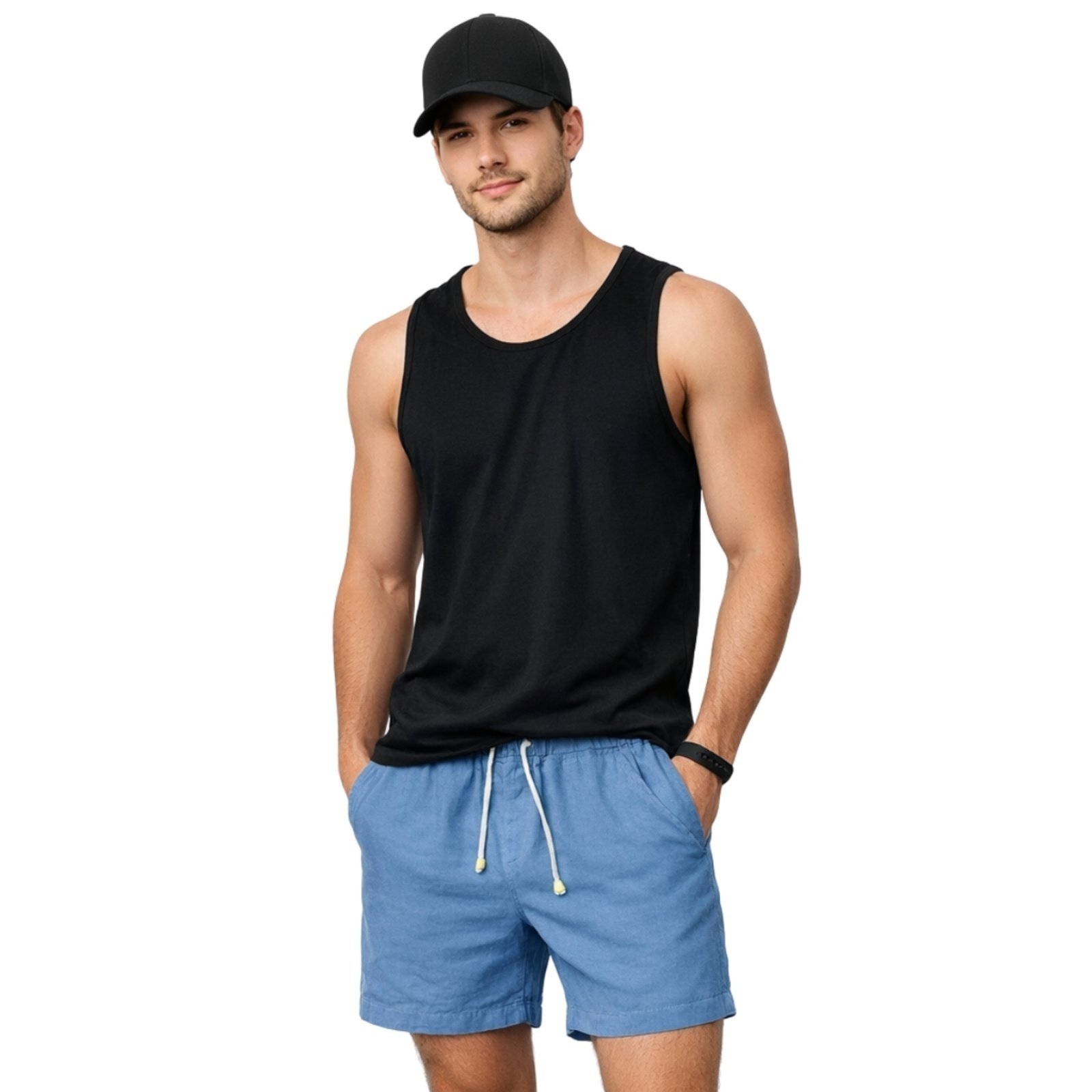 Conjunto Regata Short Linho e Boné 6 Painéis Premium Masculino Moda Praia Luxo