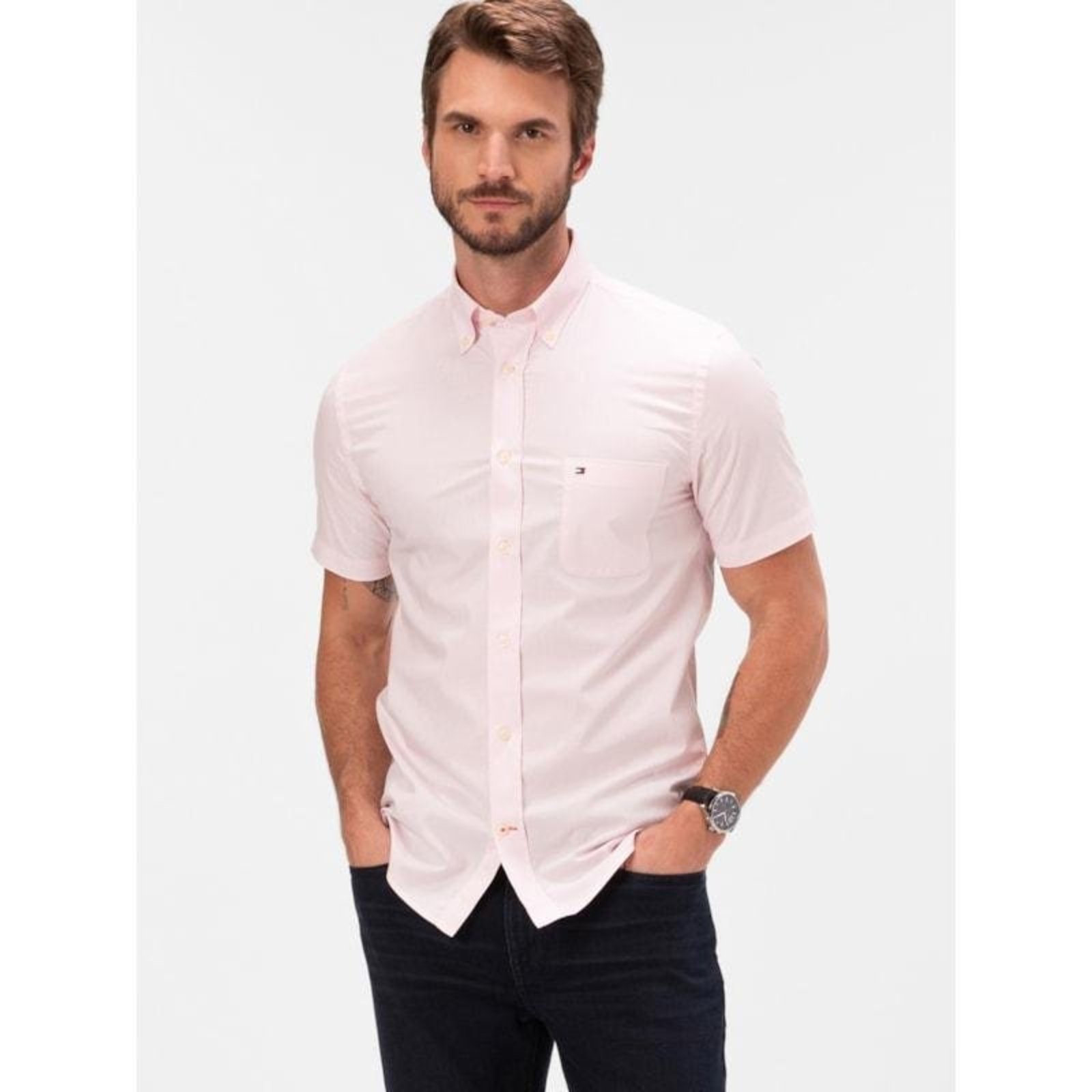 Camisa Oxford Manga Curta Rosa