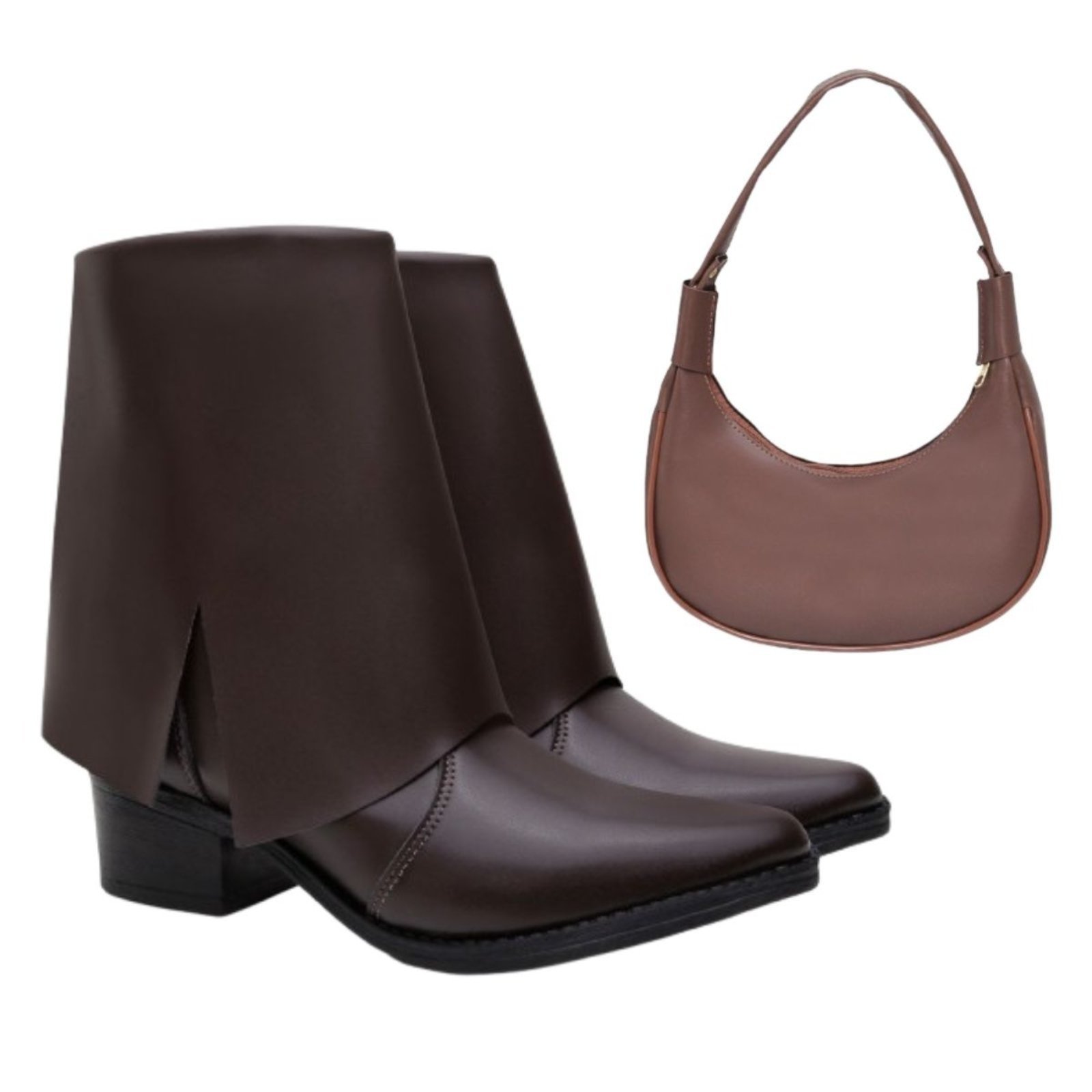 Kit Bota Feminina Casual Veritimo Texana Cano Curto Bico Fino Elegante E Bolsa Meia Lua Café