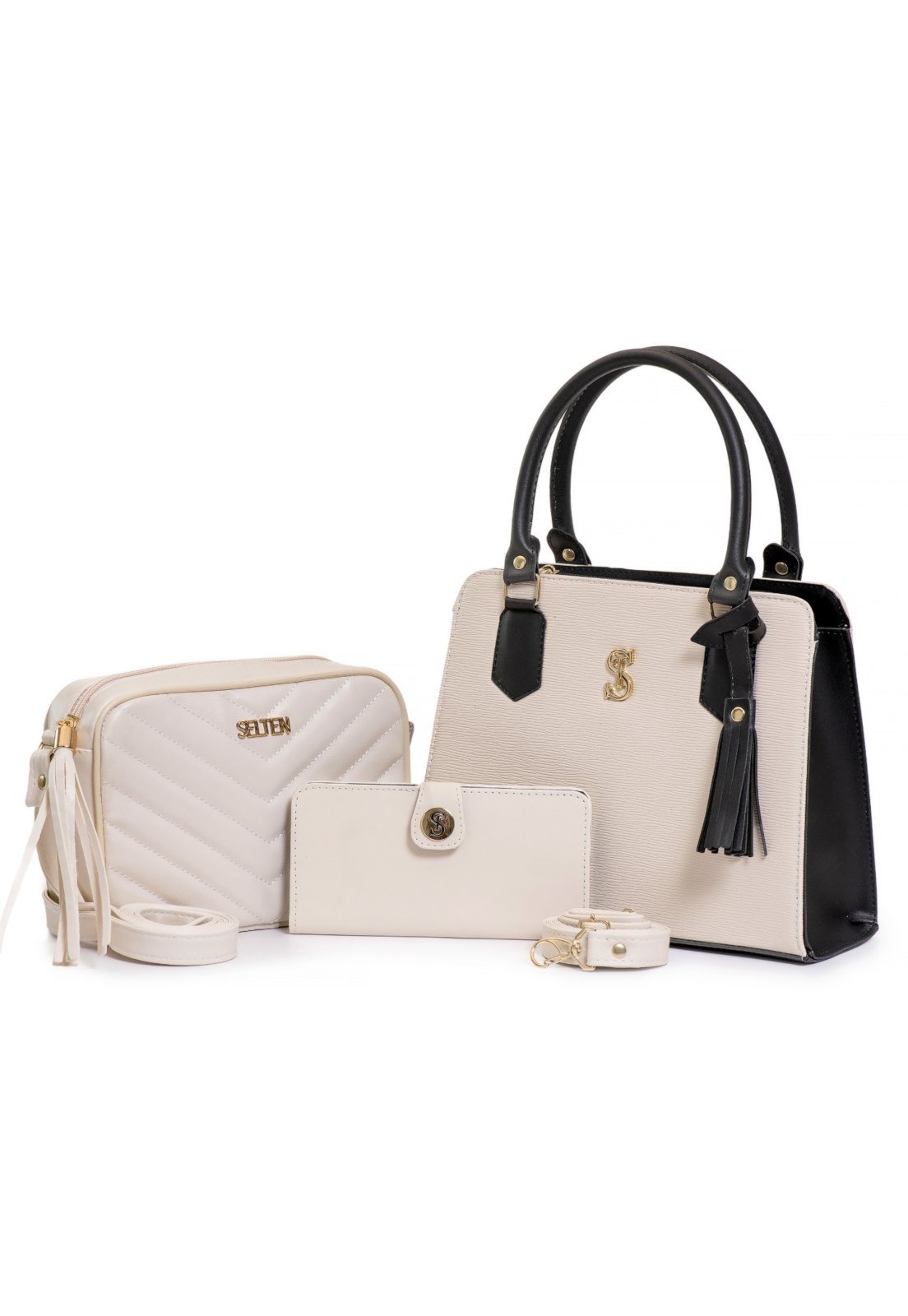 Kit de Bolsa Media+ Bolsa tiracolo+ Carteira mine Creme
