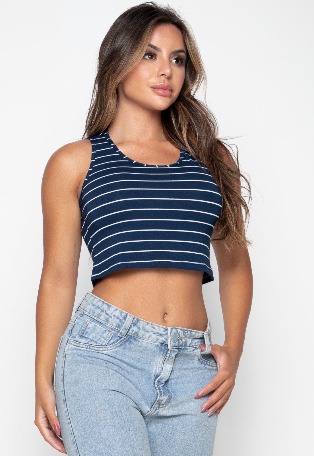 Cropped Regata Gola Redonda Listrada Feminina Regatinha Básica Moda Verão 102 Azul