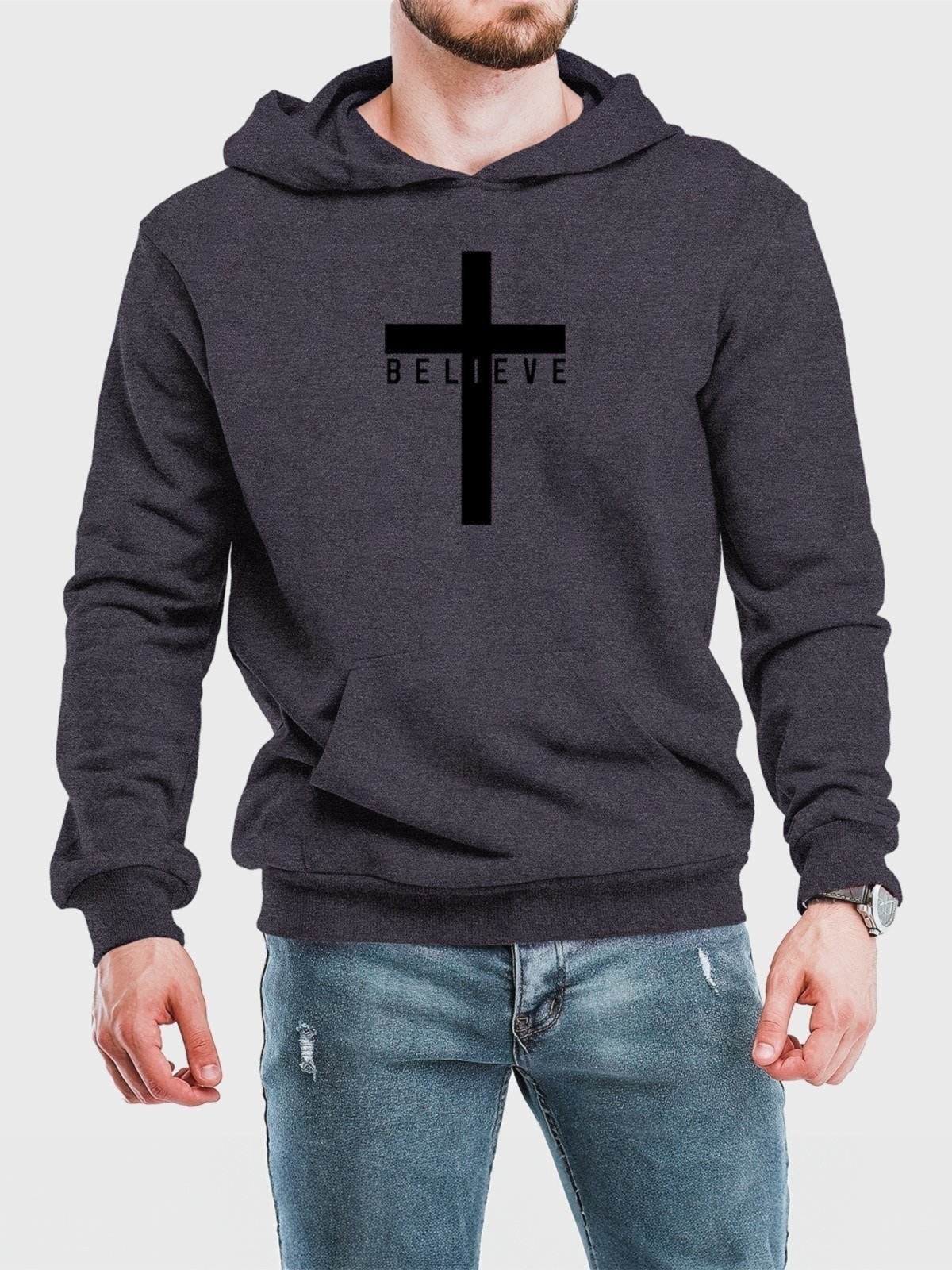 Blusa de Frio Moletom Flanelado Benellys Believe Canguru Chumbo