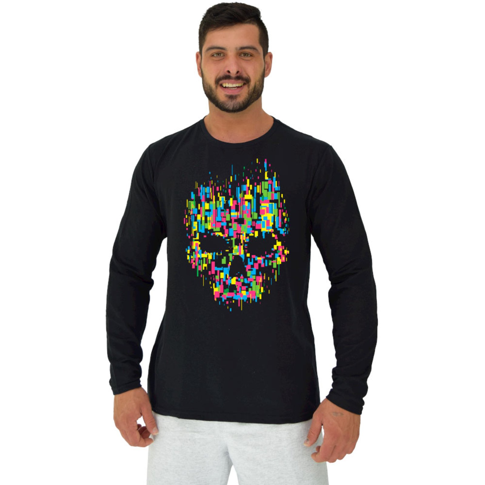 Camiseta Manga Longa Moletinho Alto Conceito Caveira Colorida Abstrata