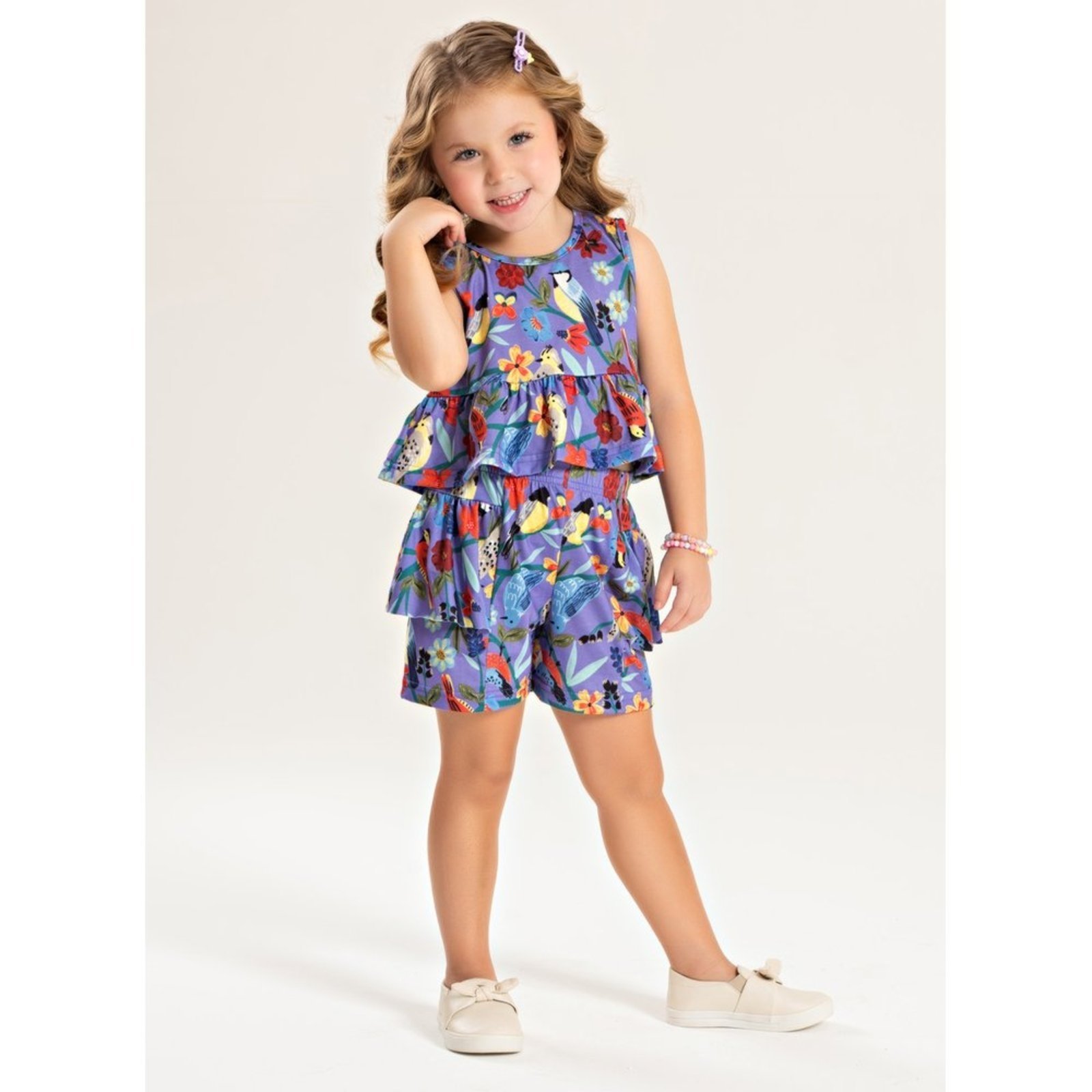 Infantil – Conjunto Verão Menina Tulipa Cropped Regata e Shorts com Babado Jardim dos Pássaros