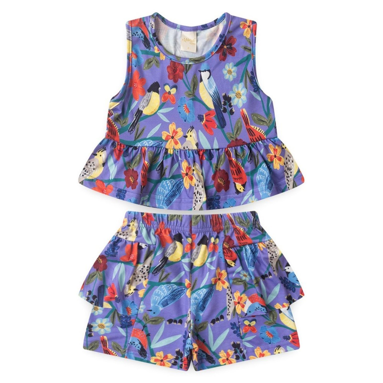 Vista 3 Infantil - Conjunto Verão Menina Tulipa Cropped Regata e Shorts com Babado Jardim dos Pássaros Molekada roxo Molekada roxo