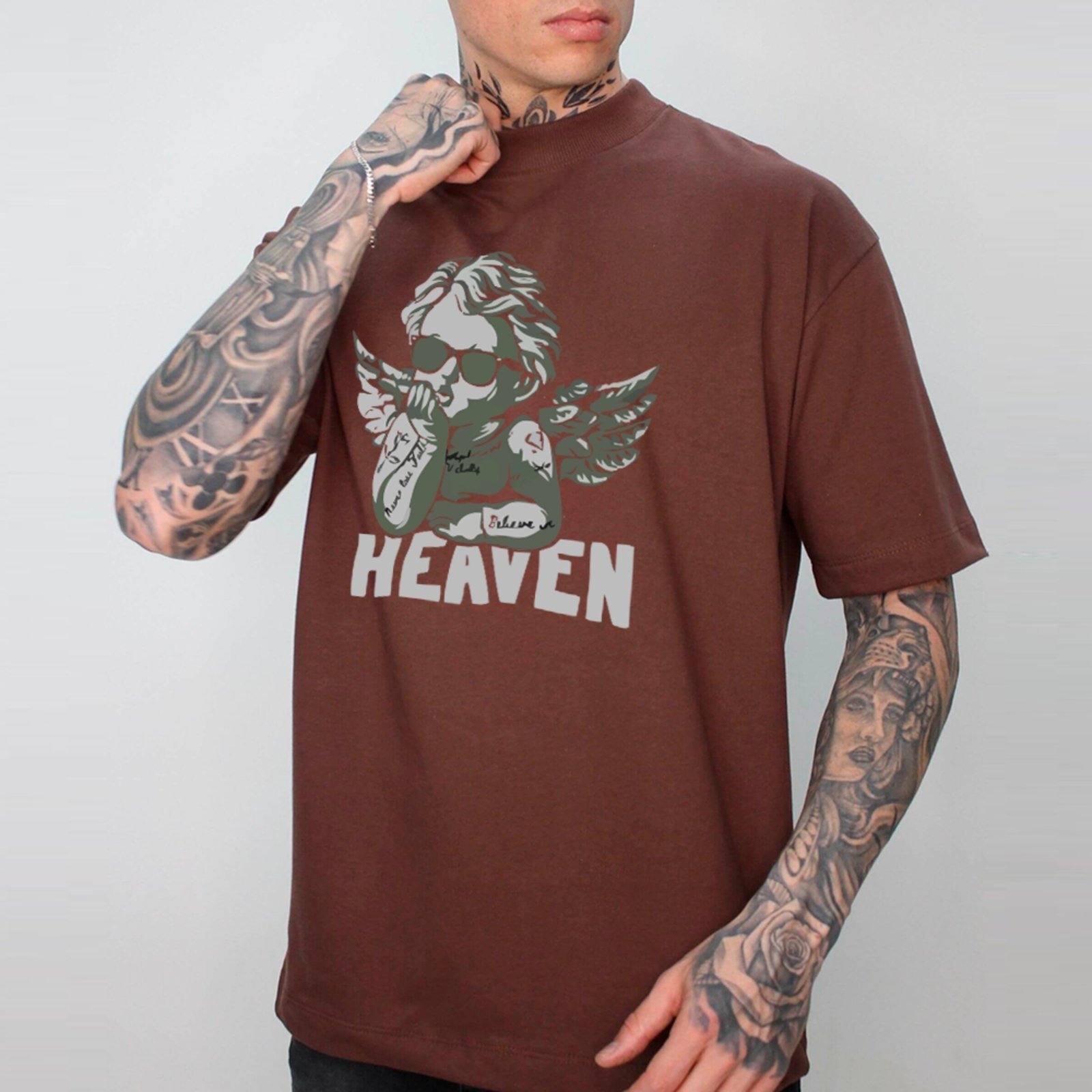 Camiseta Ousy Unissex Anjo Heaven Visual Exclusivo Premium Streetwear Oversized Marrom