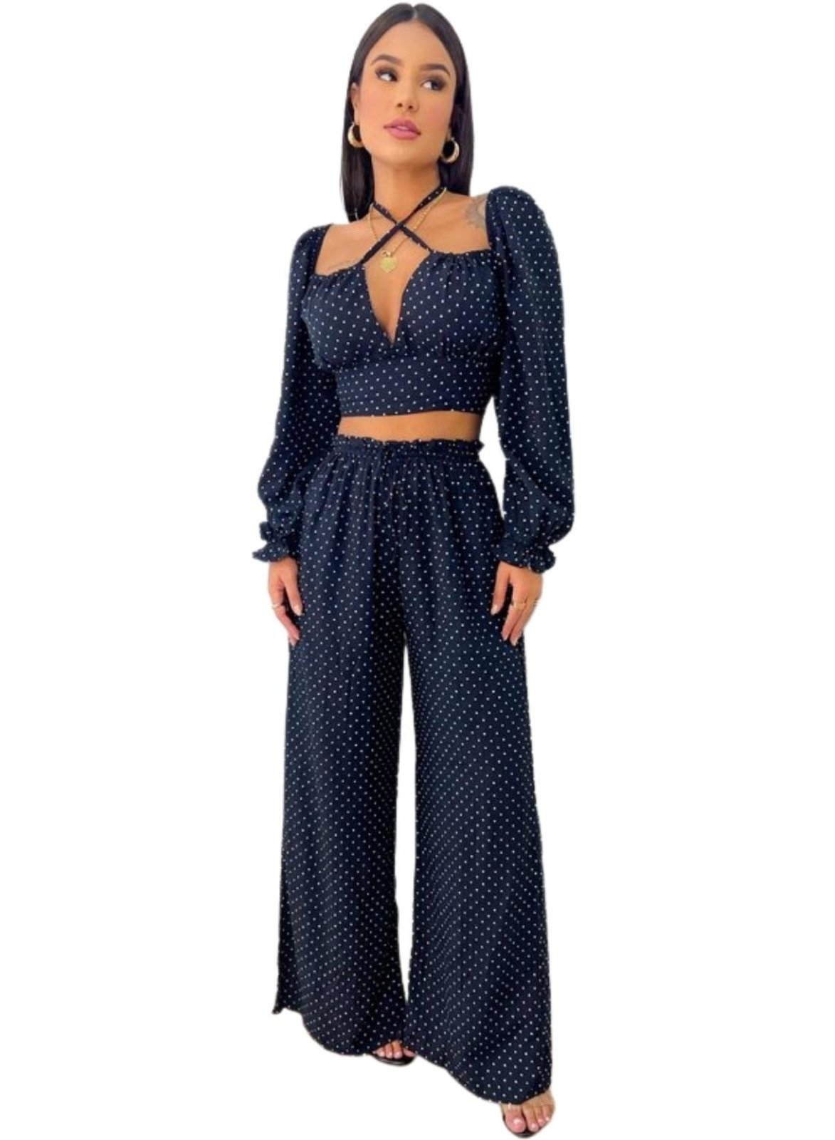 Calça Wide Leg Jasmin Viscose Poá Preto e Branco