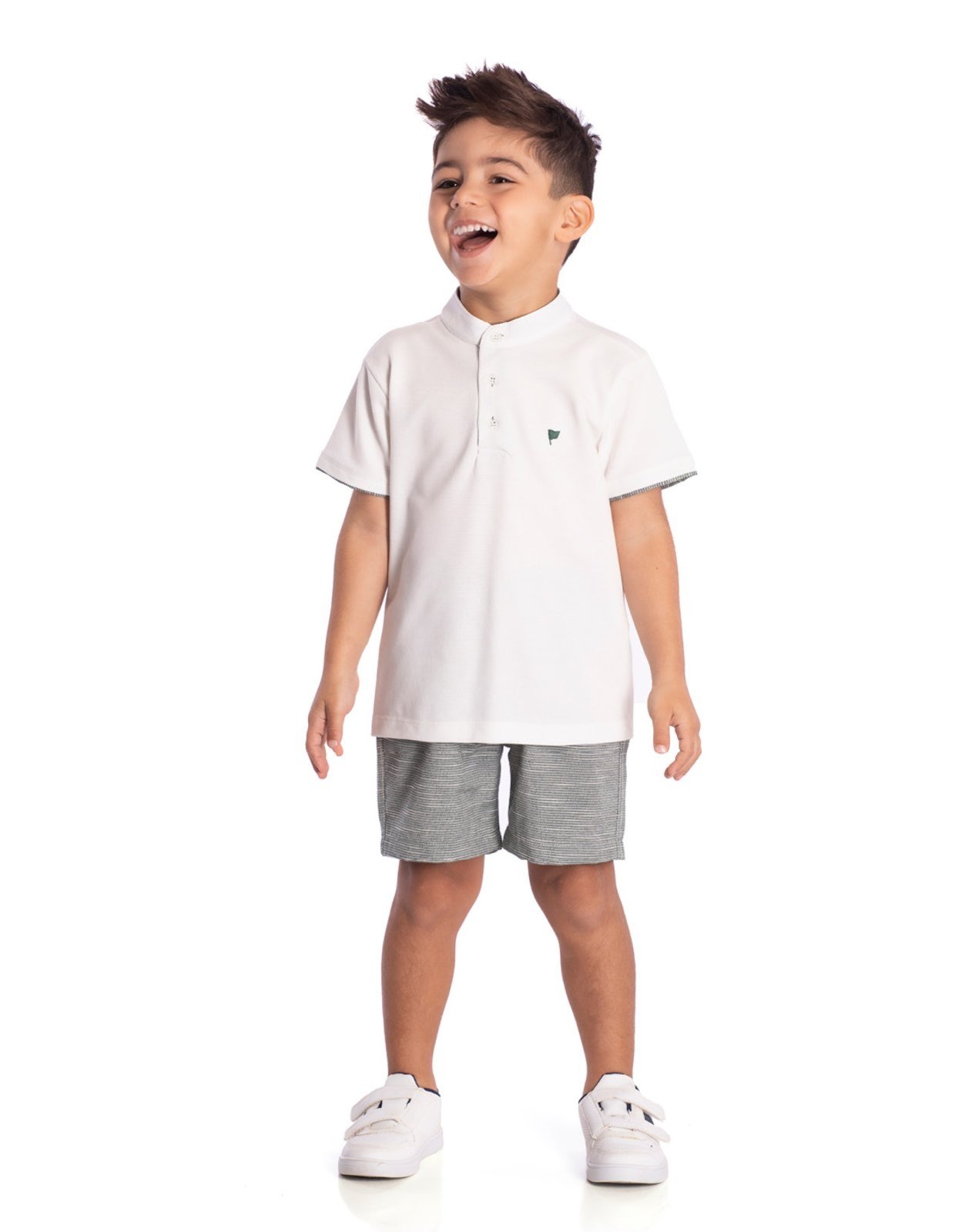 Infantil - Conj. pólo gola padre off-white + bermuda tecido ecológico