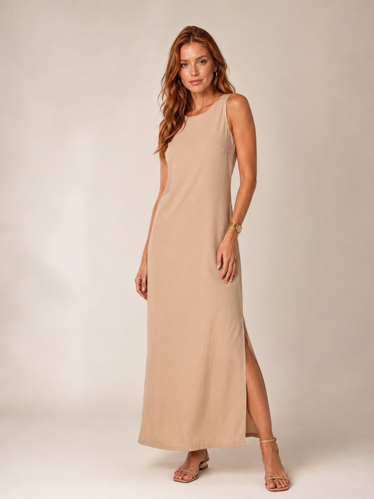 Vestido Longo Lapetry Feminino Alça Larga com Fenda Lateral Elegante Bege