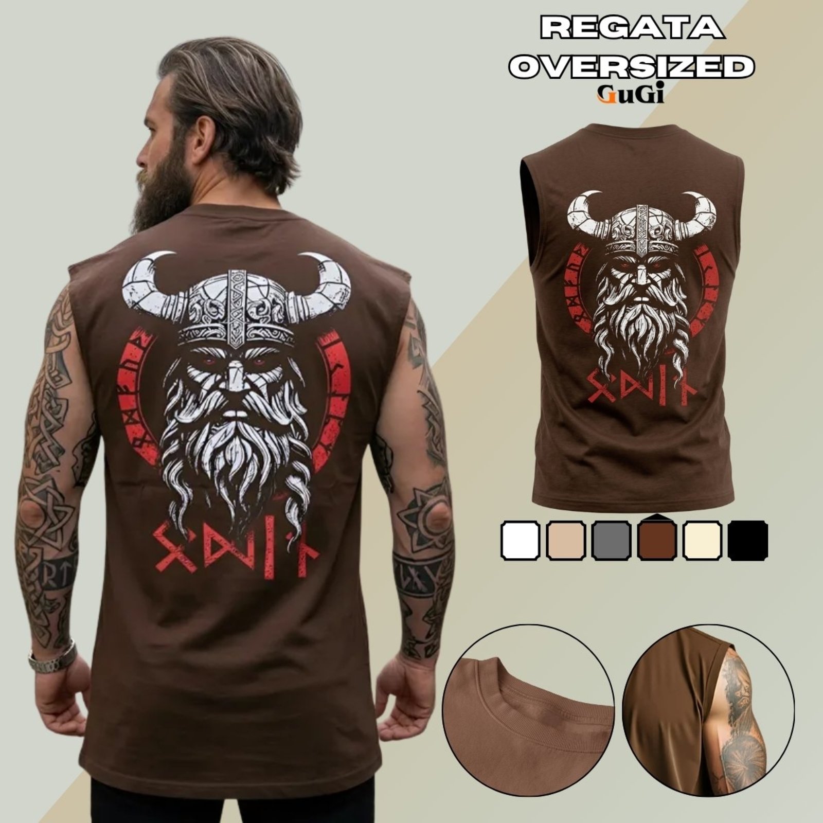 Camiseta Regata Masculina Oversized Estampada Medieval Nórdico Viking 100% Algodão Marrom