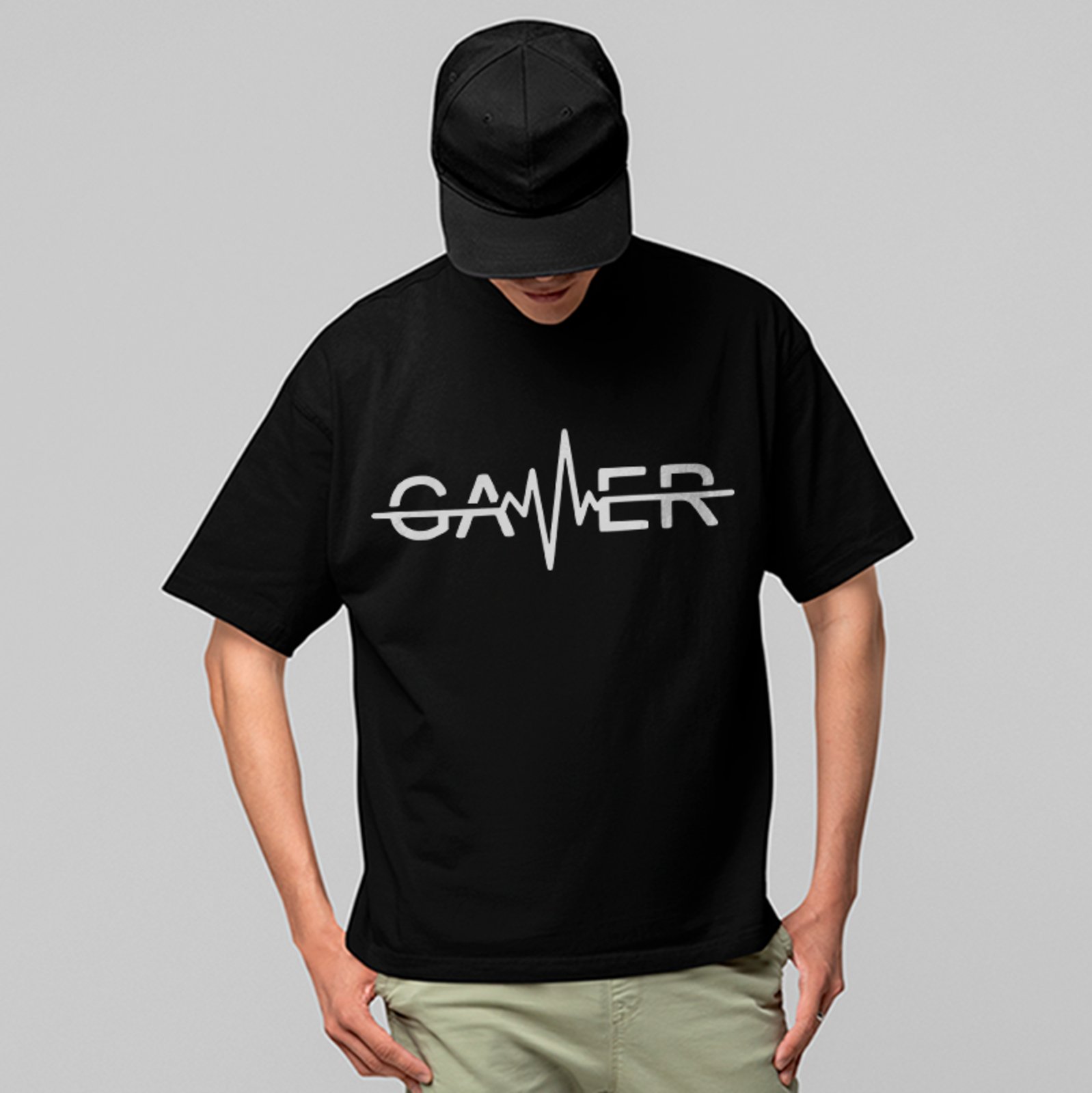 Camiseta Oversized Gamer Heartbeat Pulse Estilo Nerd Geek Style Unissex Preto