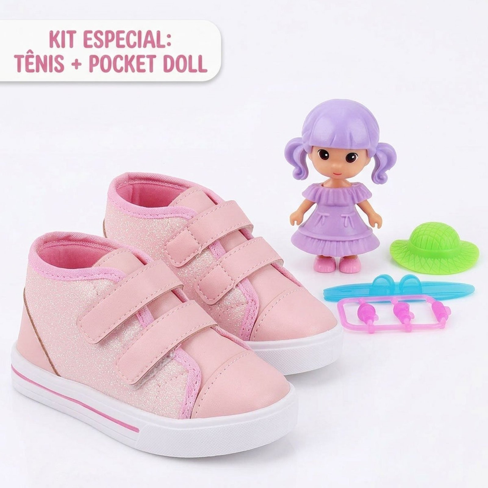 Infantil - Kit Tênis Menina Bee Happy Rosa Glitter + Boneca Pocket Doll