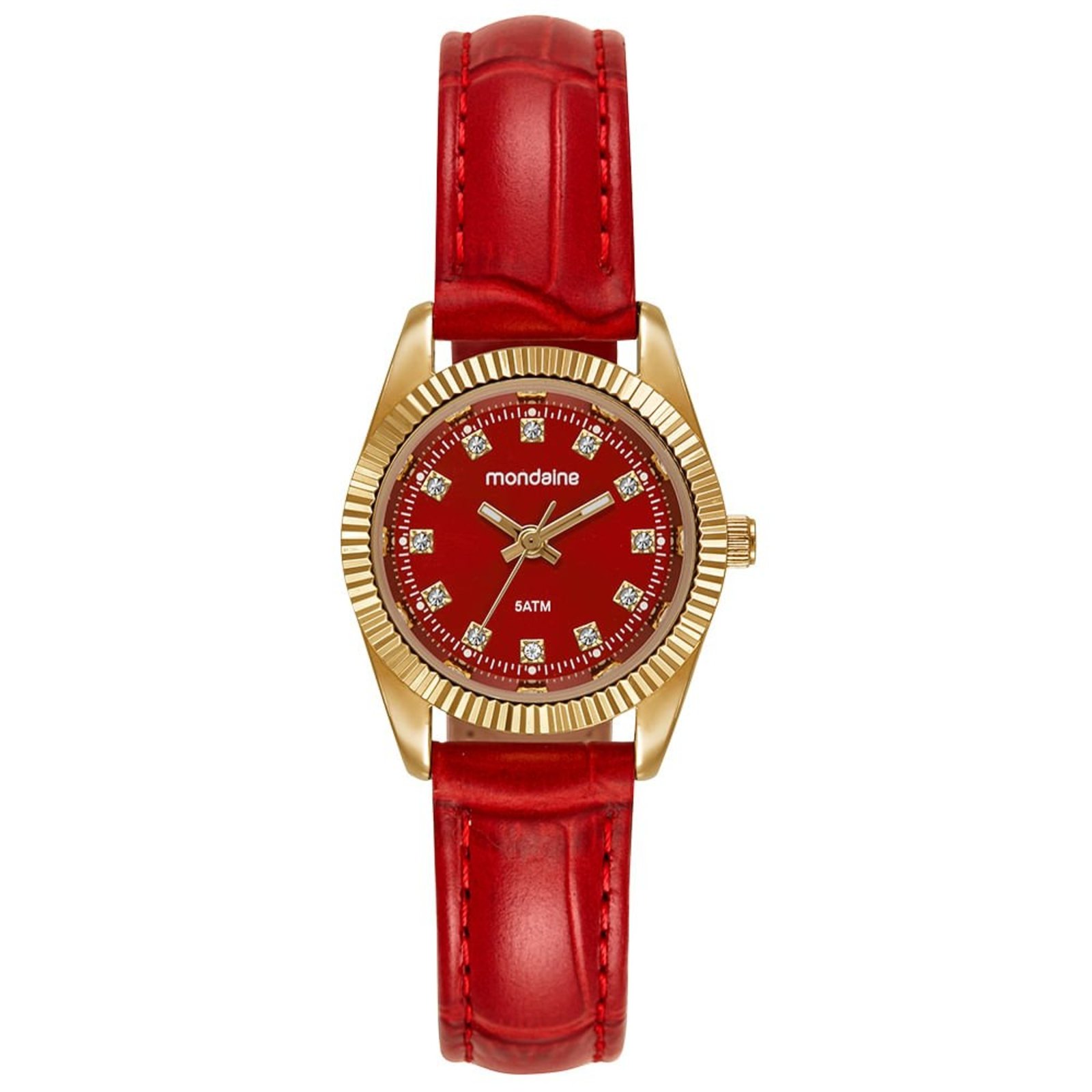 Relógio Feminino Caixa Pequena Couro Dourado e Vermelho Mondaine