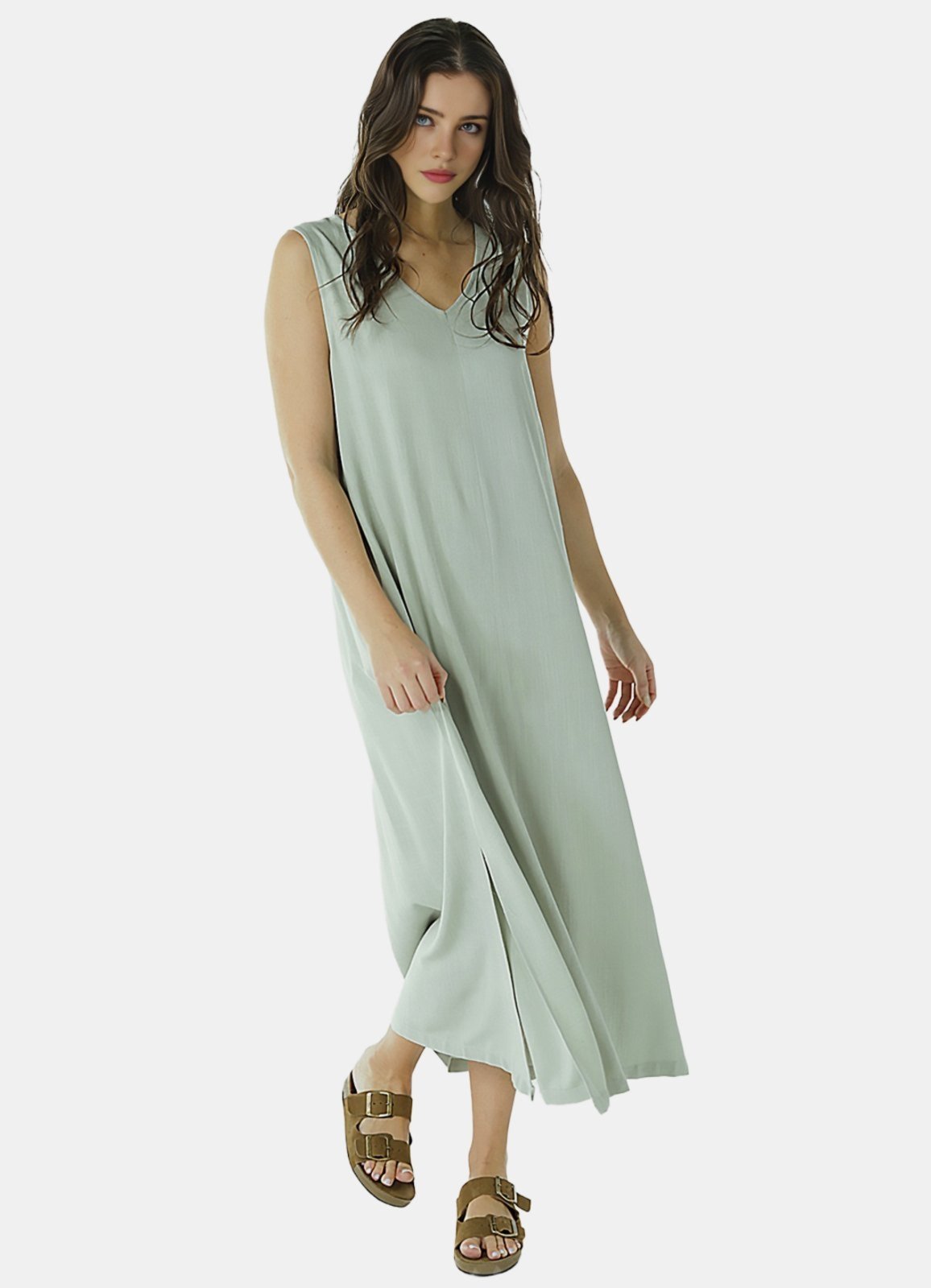 Vista 2 Vestido Longo de Linho Gola V com Bolsos SOB verde SOB verde