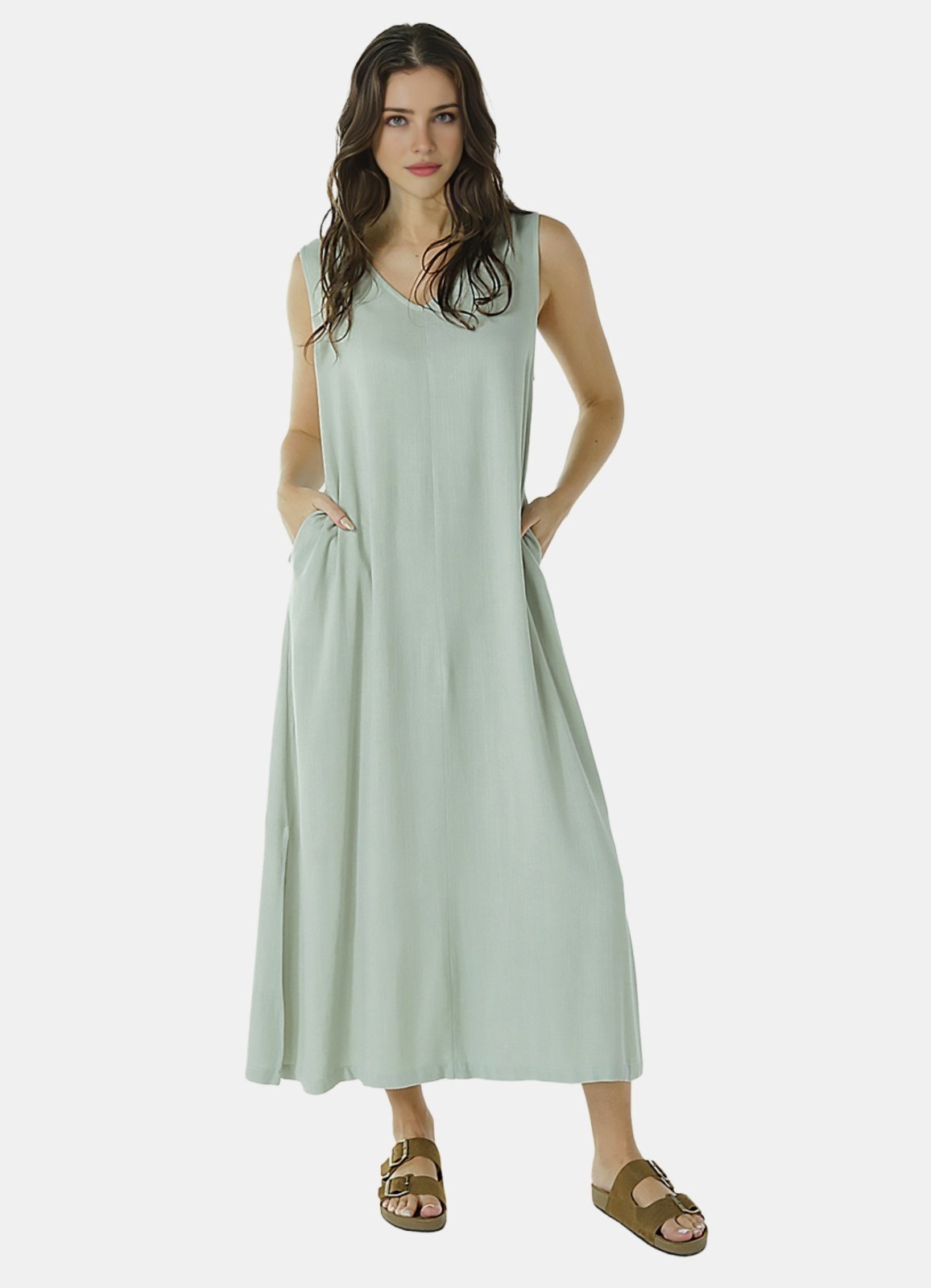 Vista 3 Vestido Longo de Linho Gola V com Bolsos SOB verde SOB verde