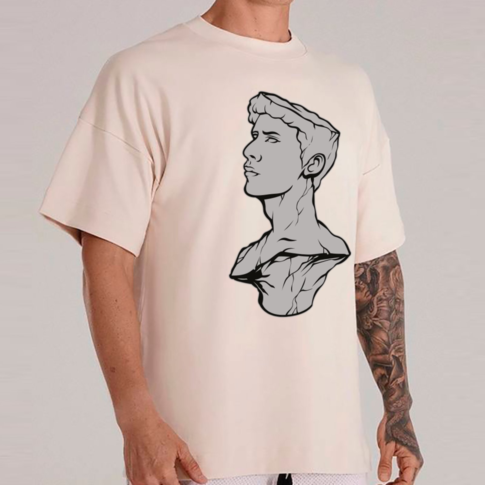 Vista 2 Camiseta Ousy Unissex Estátua Monocromática Estilo Exclusivo Streetwear Oversized Off White off-white white ousy off-white white