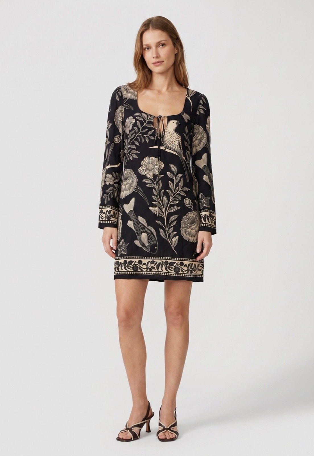Vestido Feminino FARM Estampado Manga Longa Preto