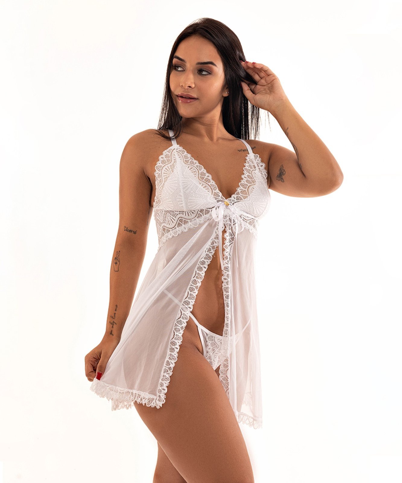 Camisola IMI Lingerie Aberta Fenda Tule Renda Calcinha Fio Dental Louise Branca Branco
