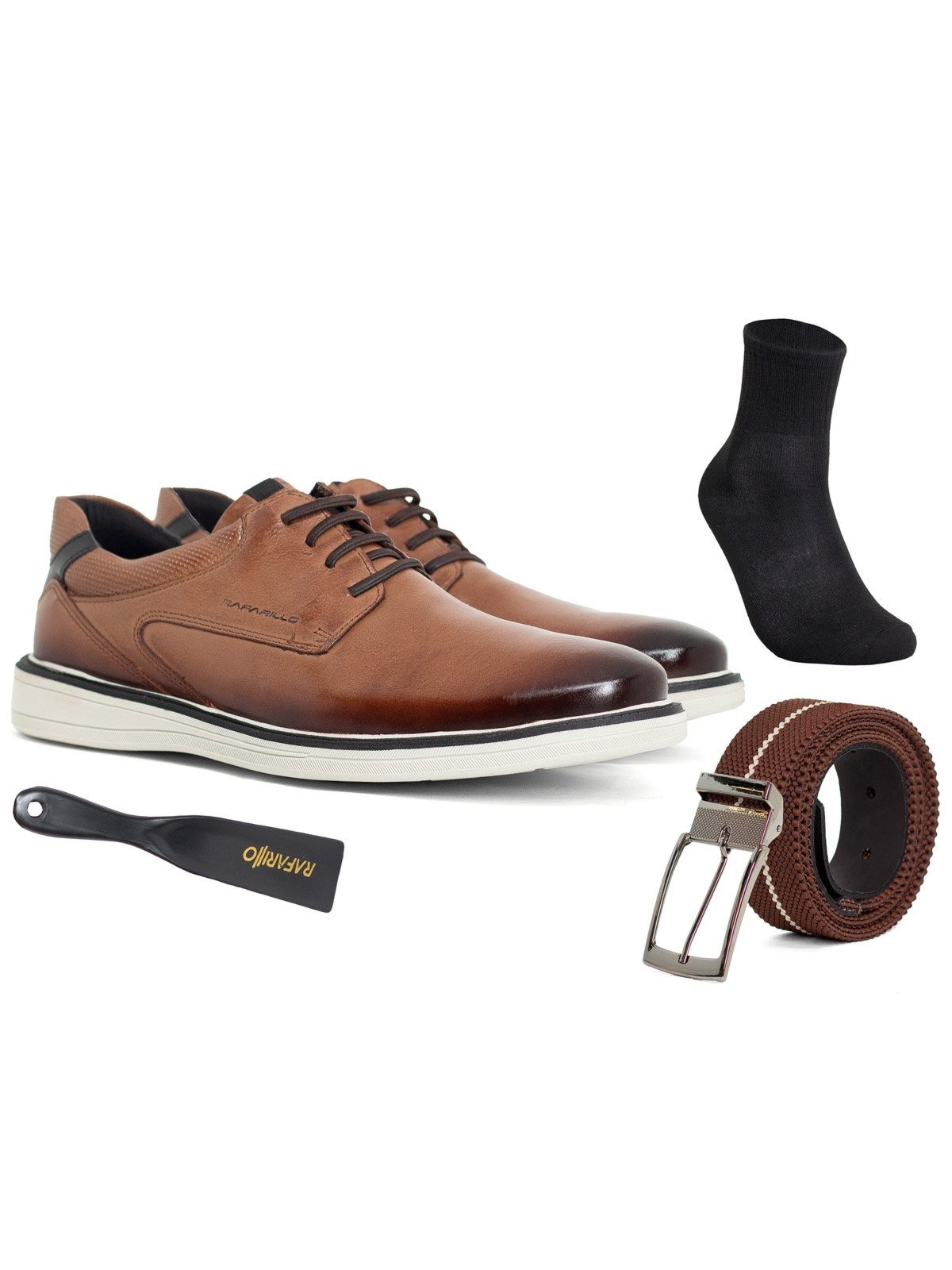 Kit 4 em 1 Sapato Social Masculino Rafarillo Couro Confortável Meia Cinto Calçadeira Marrom Conhaque