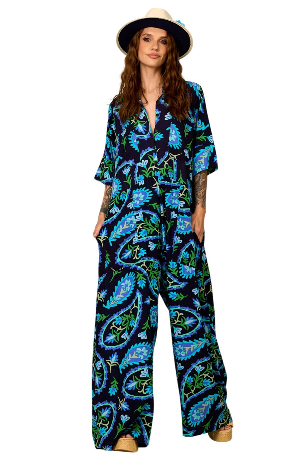 Macacão Longo Pantalona Preto Estampa Paisley Yacamim O5 – Estampado