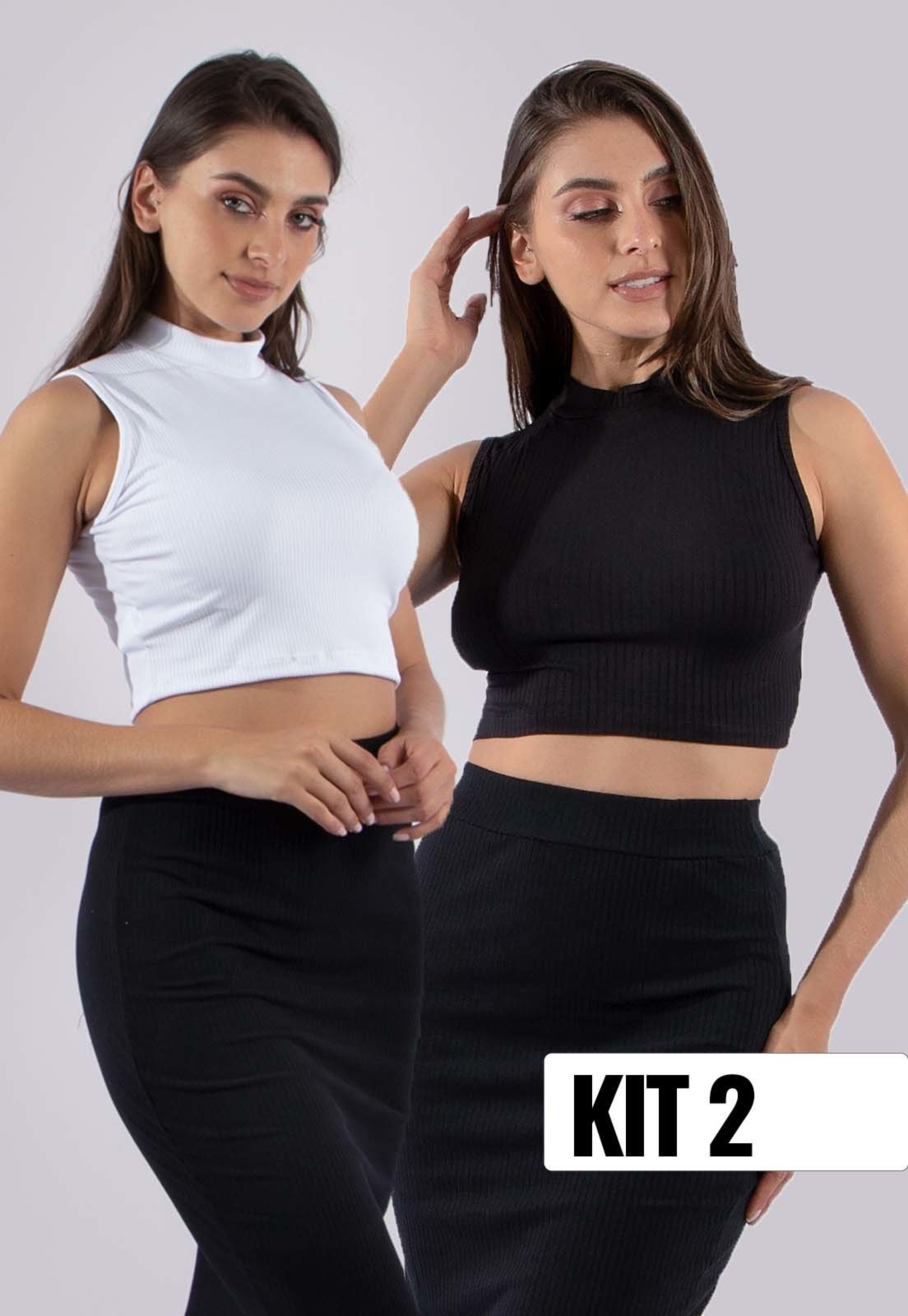 Kit 2 Blusas Cropped Gola Alta Diluxo Ribana Preto e Branco
