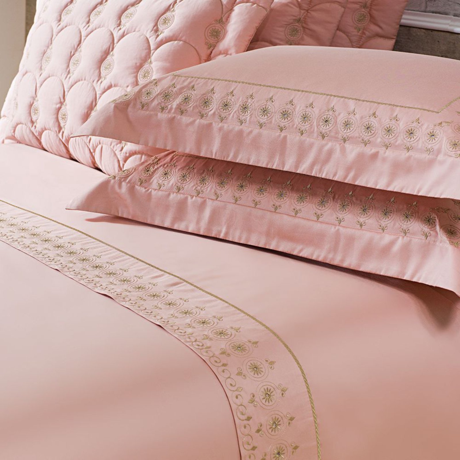 Jogo Cama Lençol Casa Scarpa Garland Queen Bordado Algodão Acetinado 400 Fios 4 Peças - Rosê