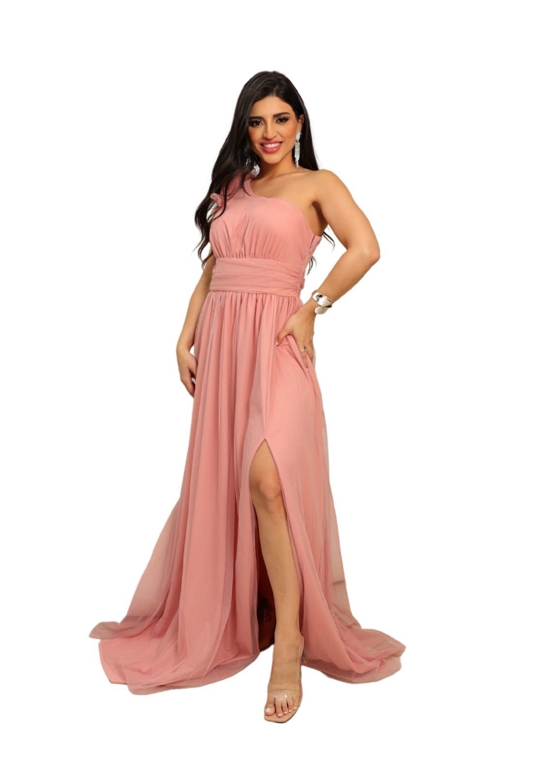 Vestido Longo de Festa Madrinhas Micro Tule com Detalhe no Ombro Gifiany Rosê