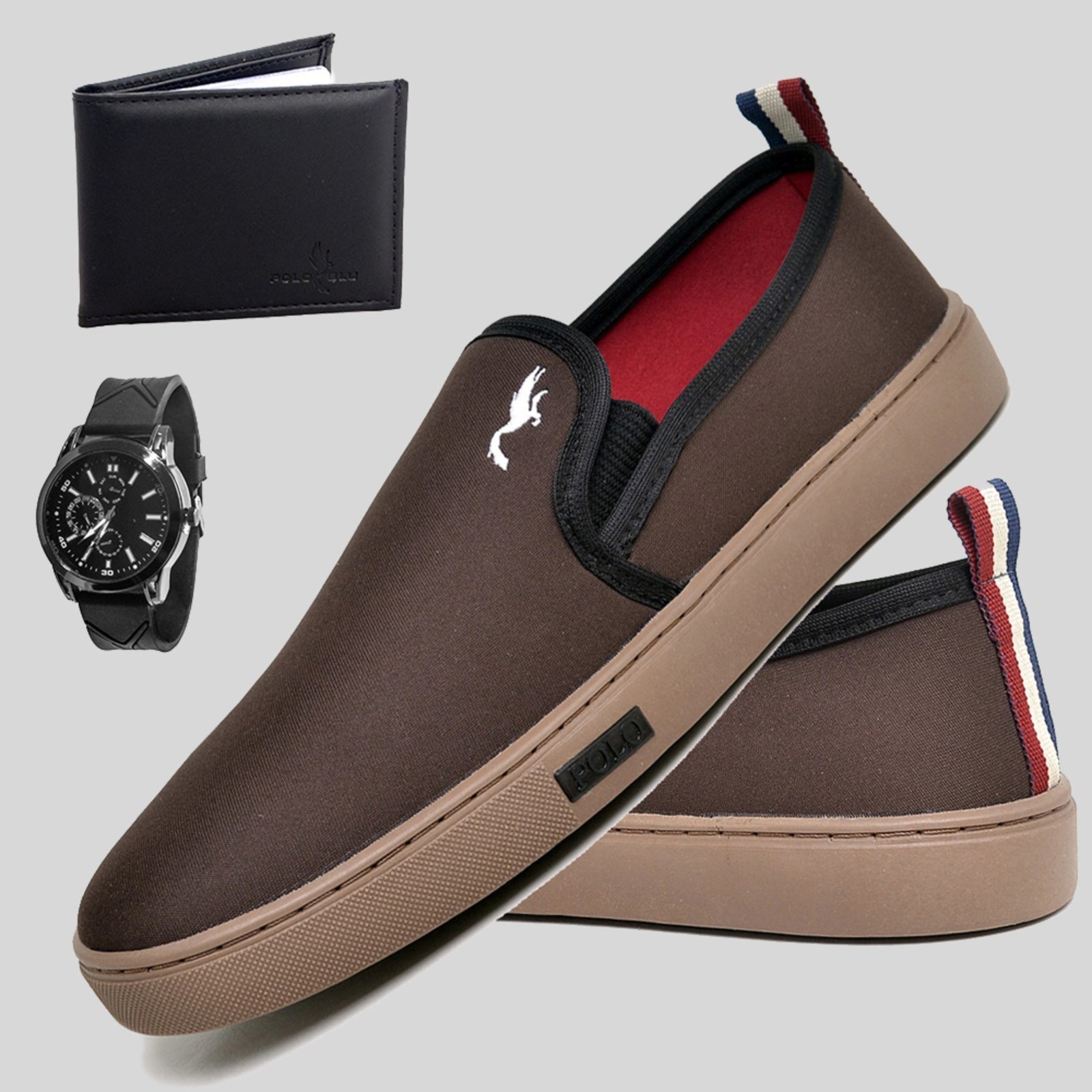 Sapato Iate Masculino Sapatilha Casual Marrom Slip Polo Kit Relogio e Carteira