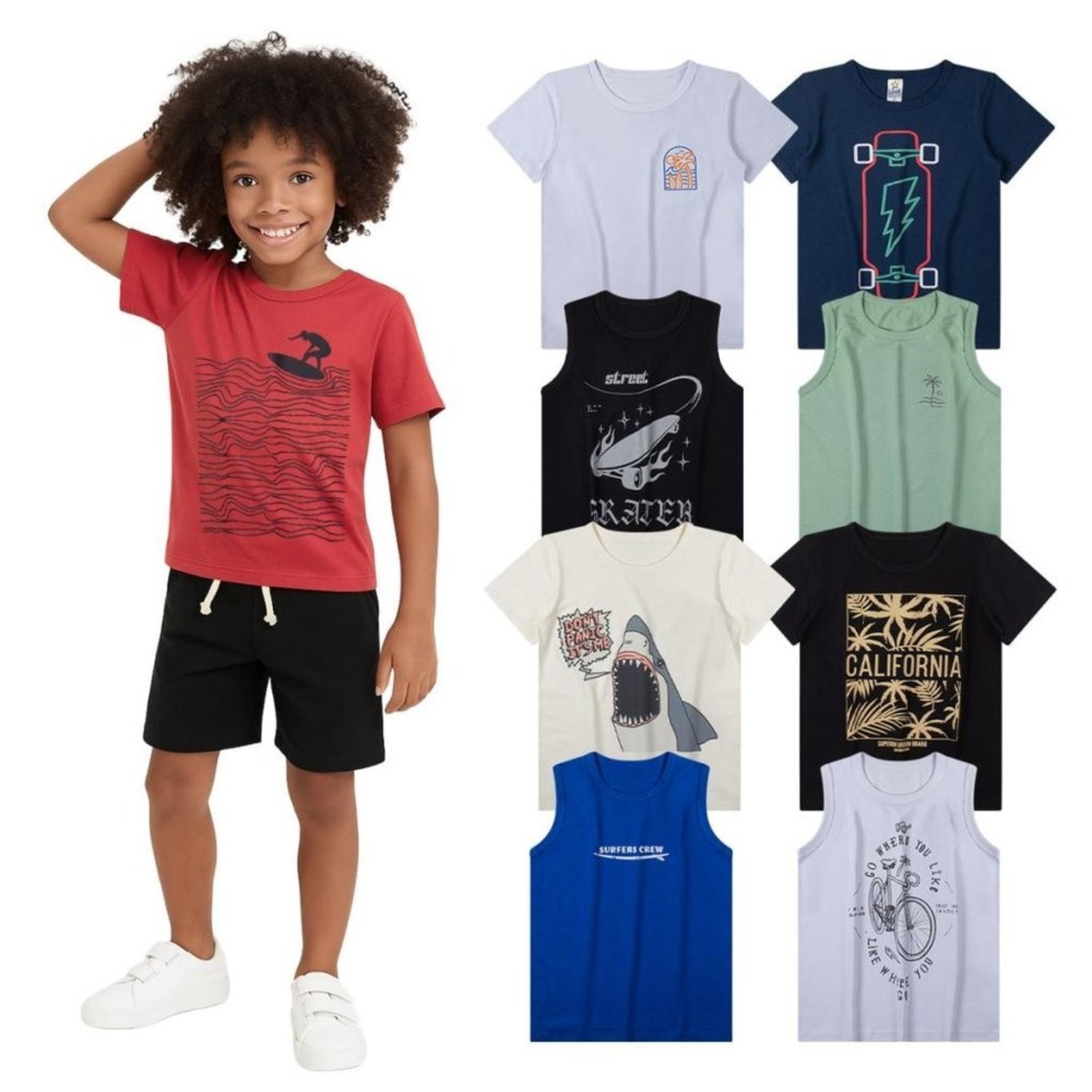Vista 2 Infantil - Kit 5 Camisetas Sortidas /Juvenil Menino Verão - 3 ao 14 Look Infantil multicolorido Look Infantil multicolorido