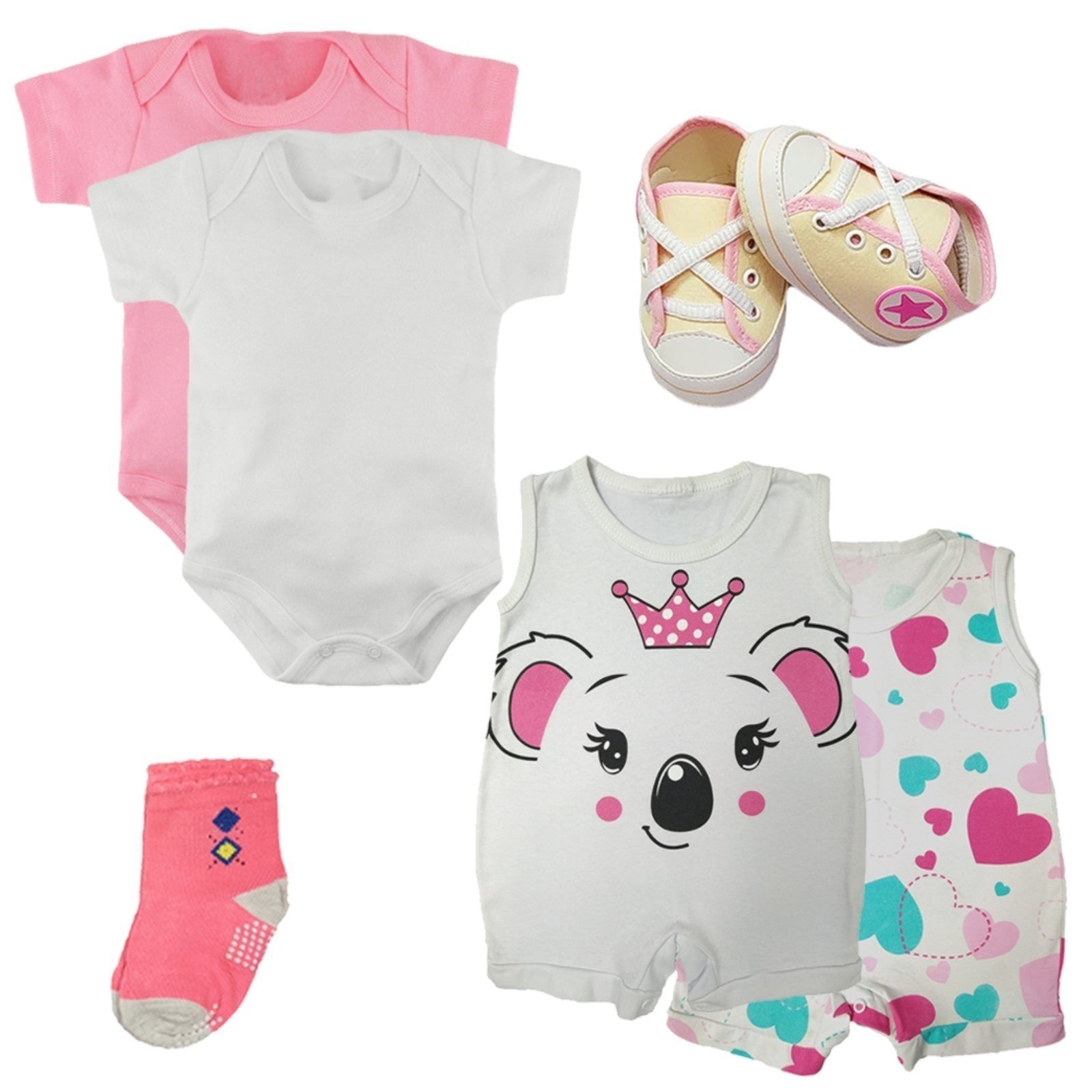 Infantil – Kit Roupa de 6 Pçs Body Macacão Regata Meia e Sapatinho Rosa