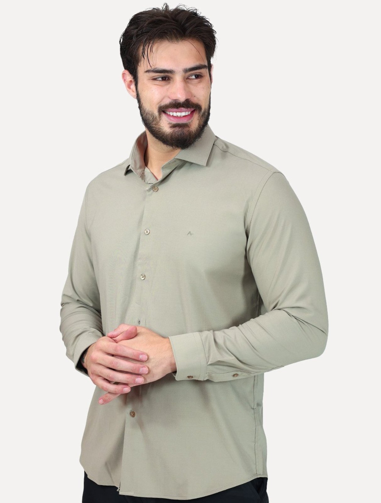 Camisa Aramis Masculina Slim Stretch Poliviscose de Bambu Caqui