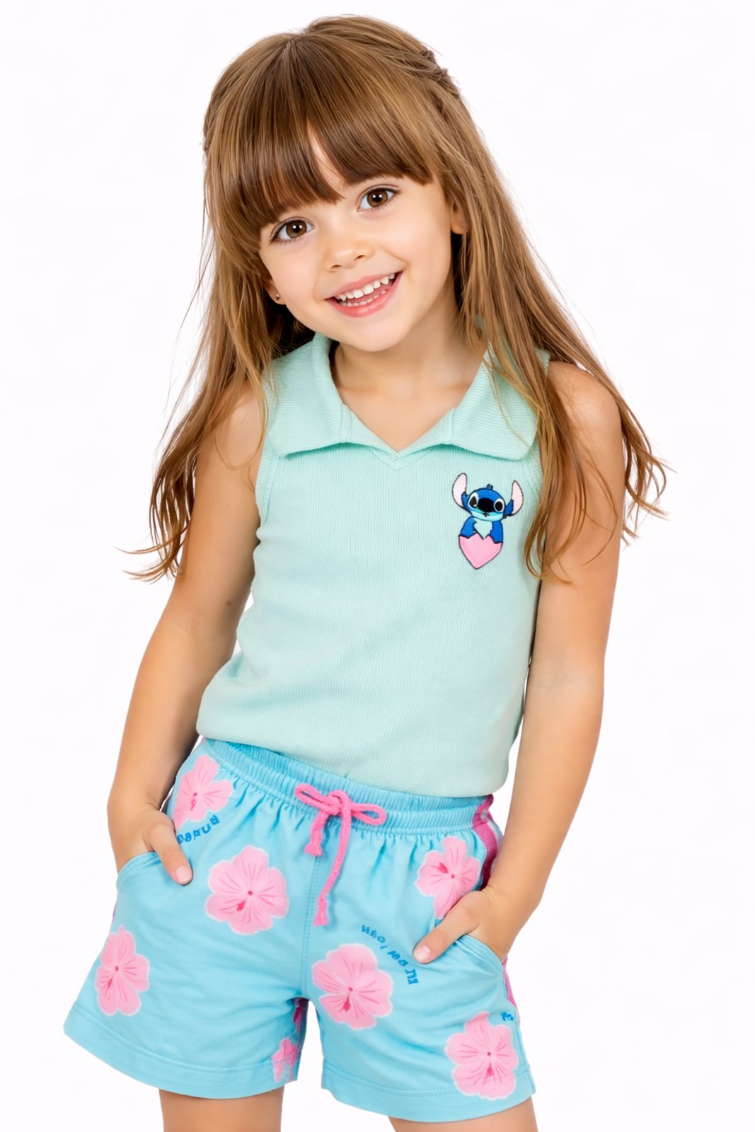 Infantil - Regata Menina Stitch e Angel Canelado Detalhe Verde Verde
