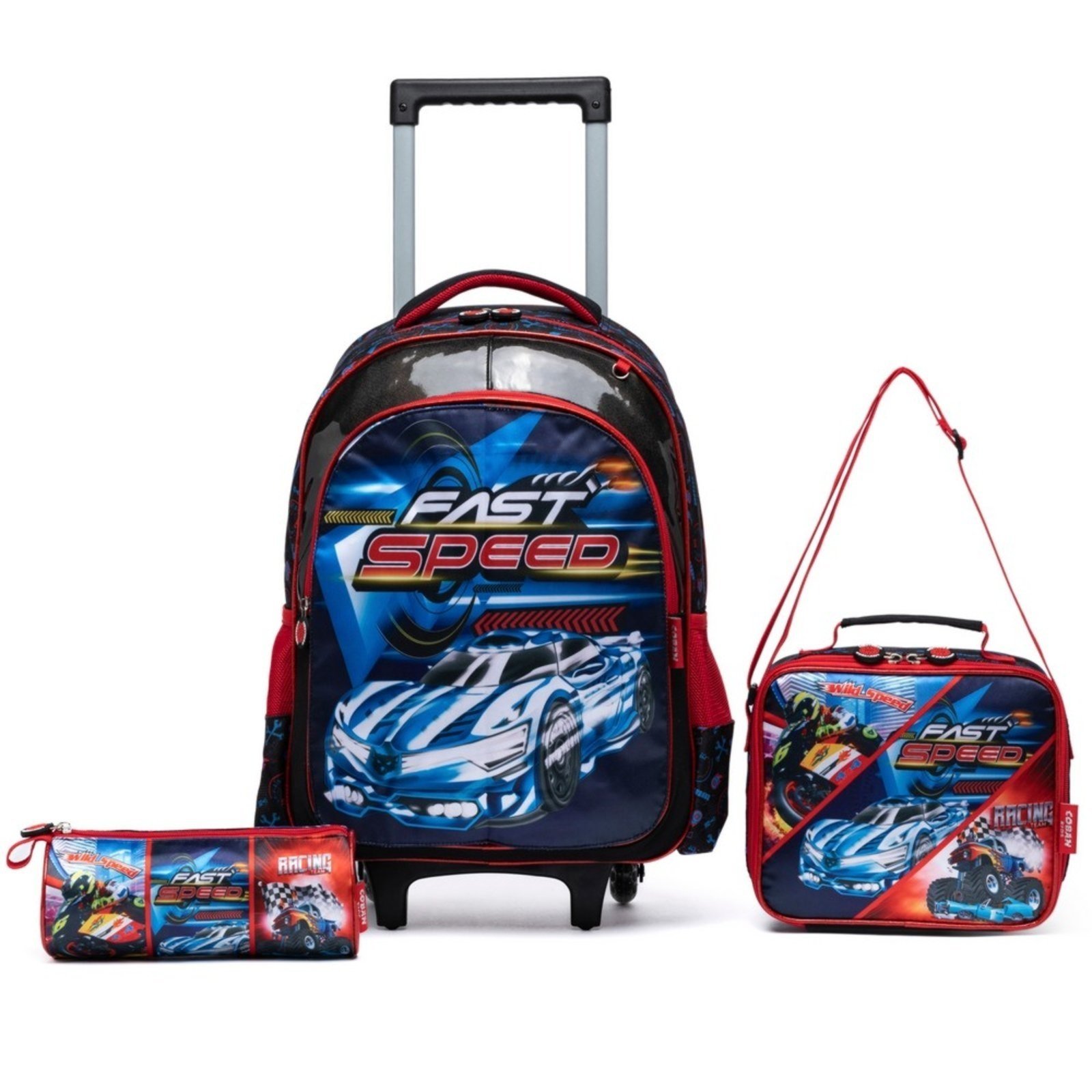 Infantil - Kit Mochila Carrinho Coban Estojo Lancheira Escolar Versatil