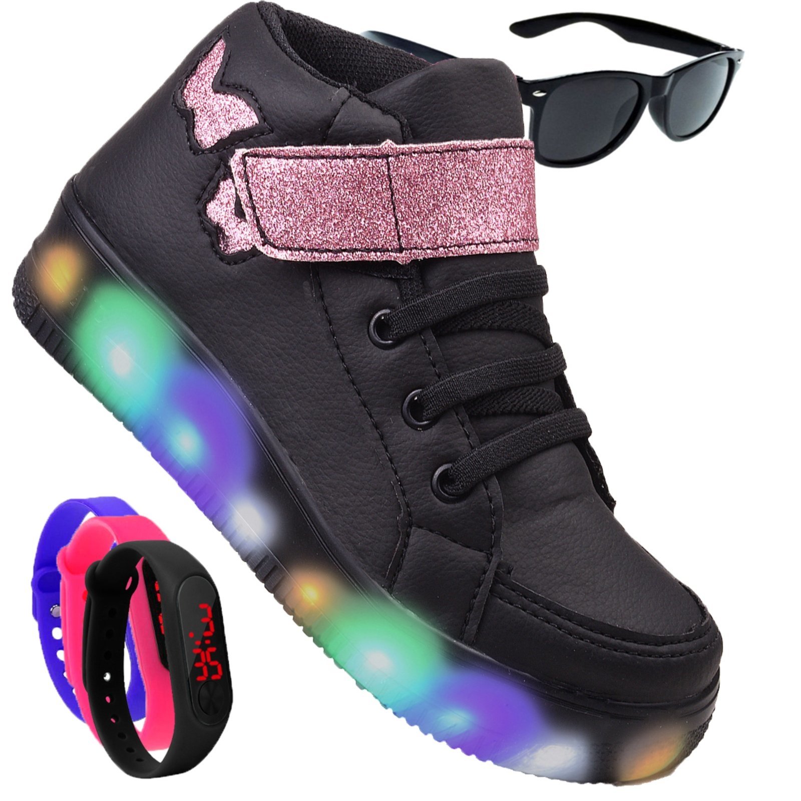 Infantil – Kit Tênis De Led Botinha Borboleta Preto Meninas Brilhante Óculos e Relógio