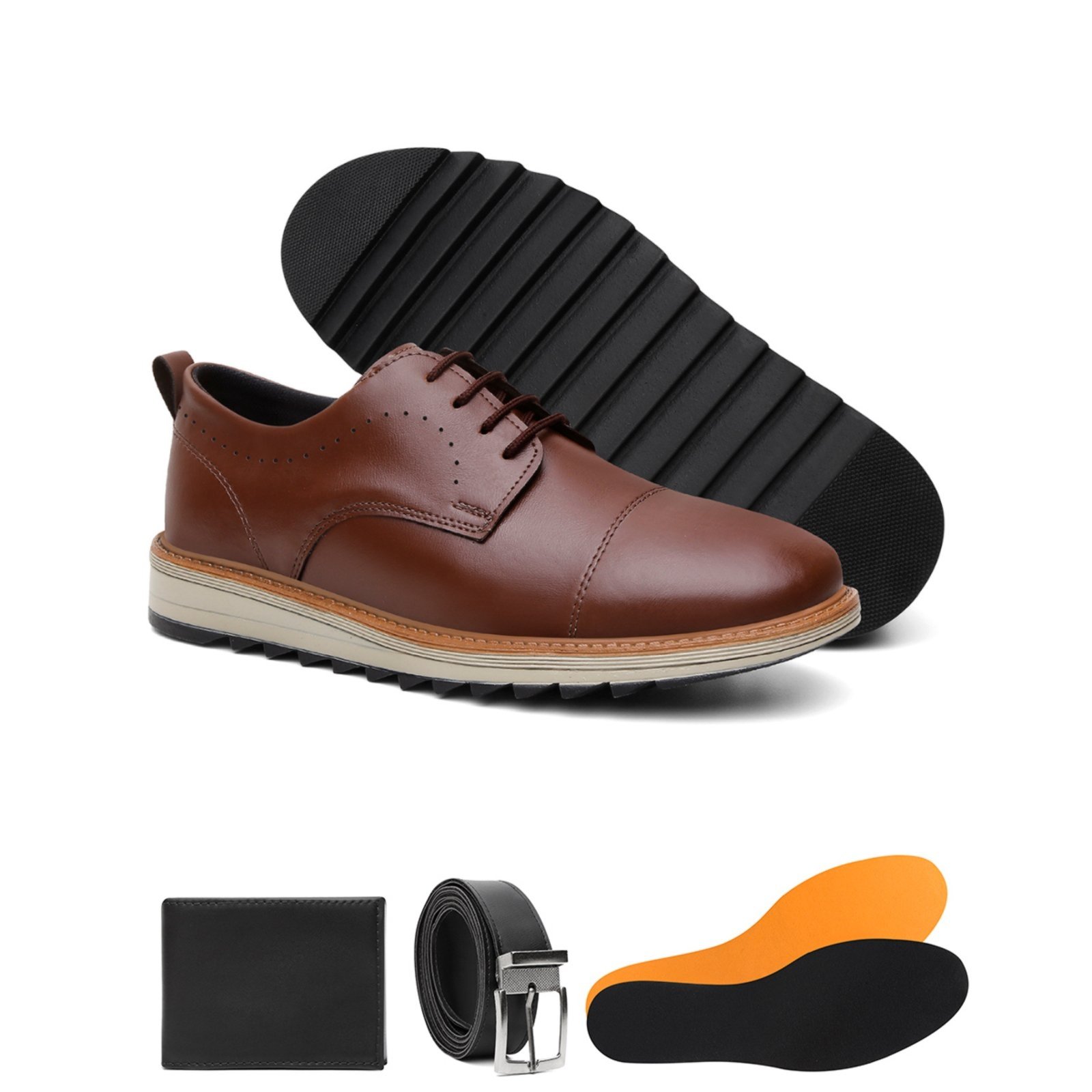 Sapato Social Derby Caramelo Masculino Tratorado Cadarço Moda Casual Direto Fabricante Acompanha Palmilha Cinto Carteira