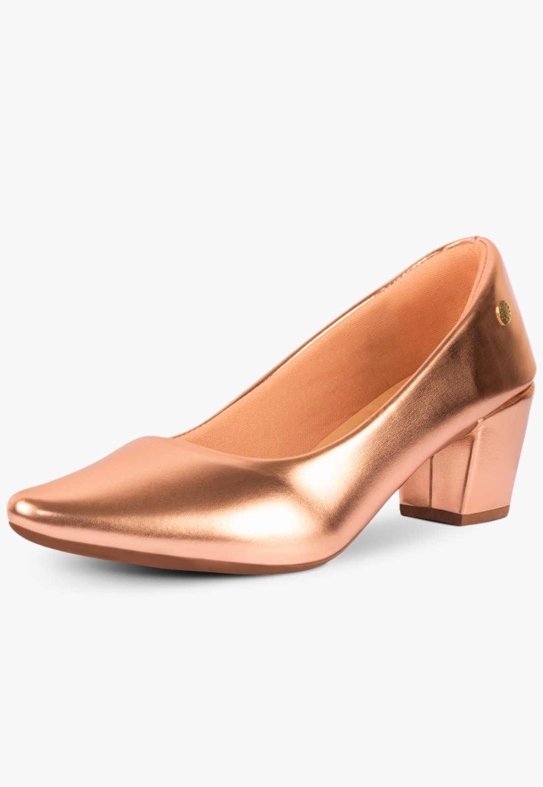 Scarpin Feminino Salto Baixo Bloco Bico Fino Social Sapato Metalizado Cobre