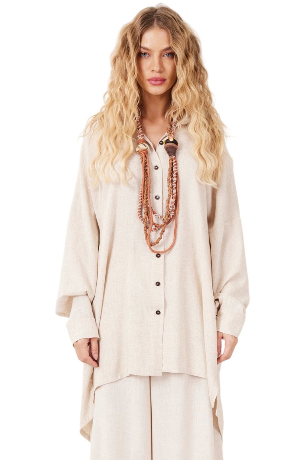Camisa Ampla Alongada Viscolinho Bege Nature Yacamim A32 Liso – Nature