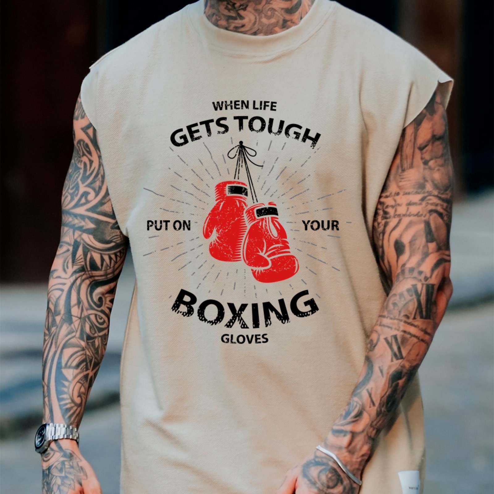 Camiseta Regata Machão Ousy Boxing Gloves Superação e Atitude Oversized Masculina Off White