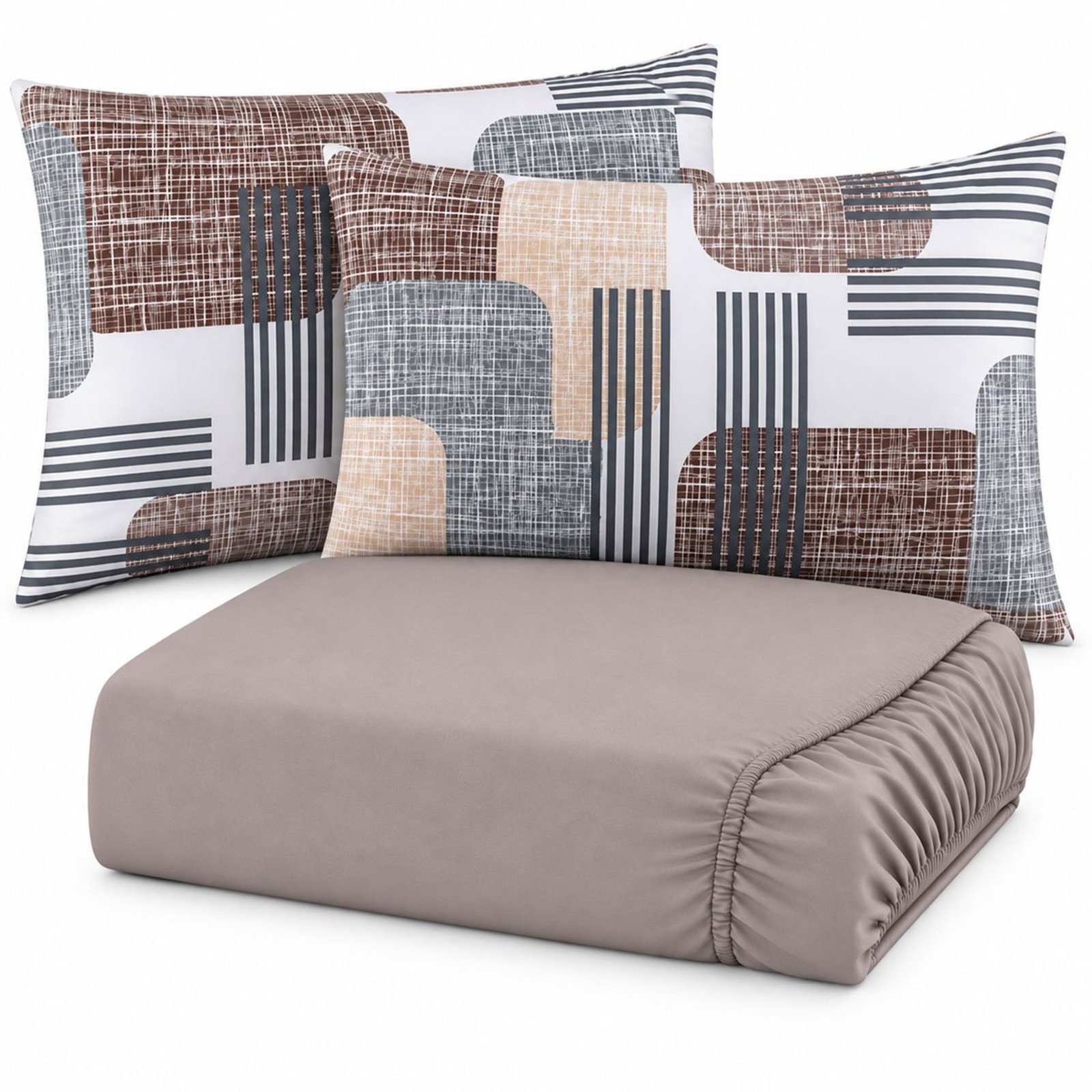 Jogo de Cama Lençol Queen Malha Soft 100% Algodão Fio Penteado Estampado Toque Macio 3 Peças Geométrico Bege
