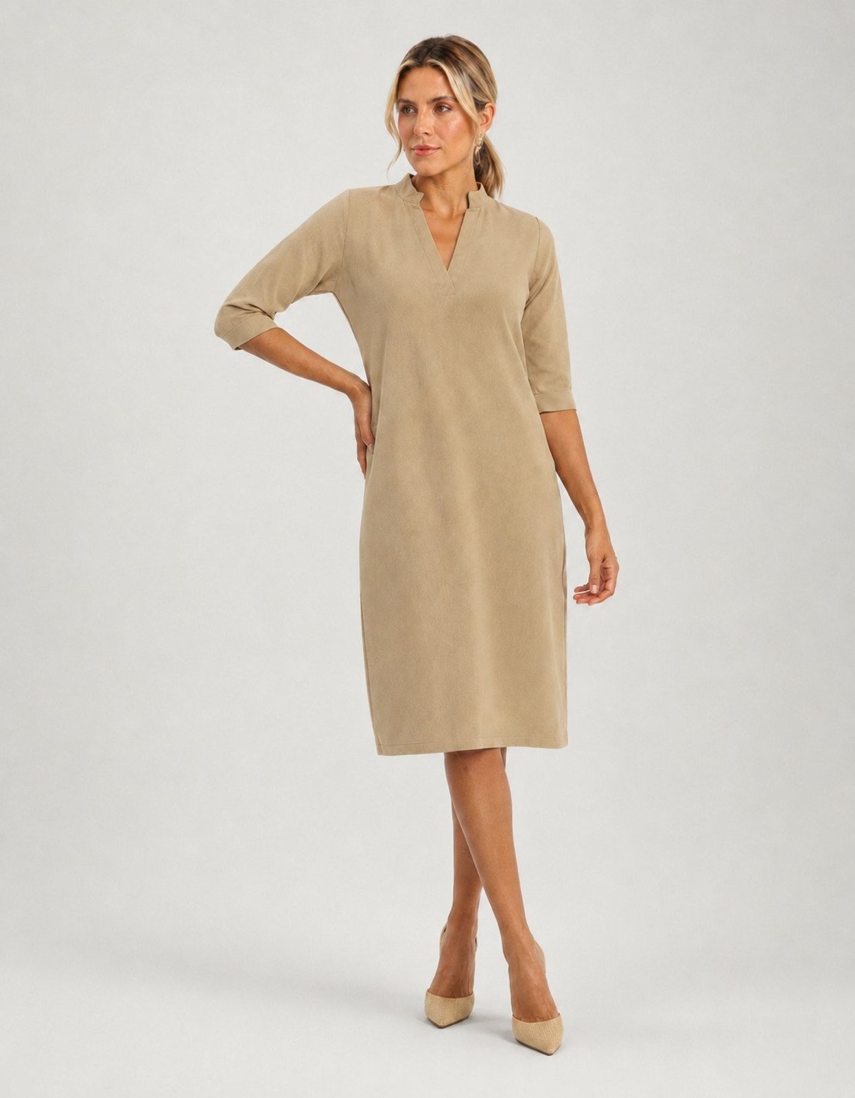 Vestido Midi Pompier Em Linho Manga 7/8 Casual Bege