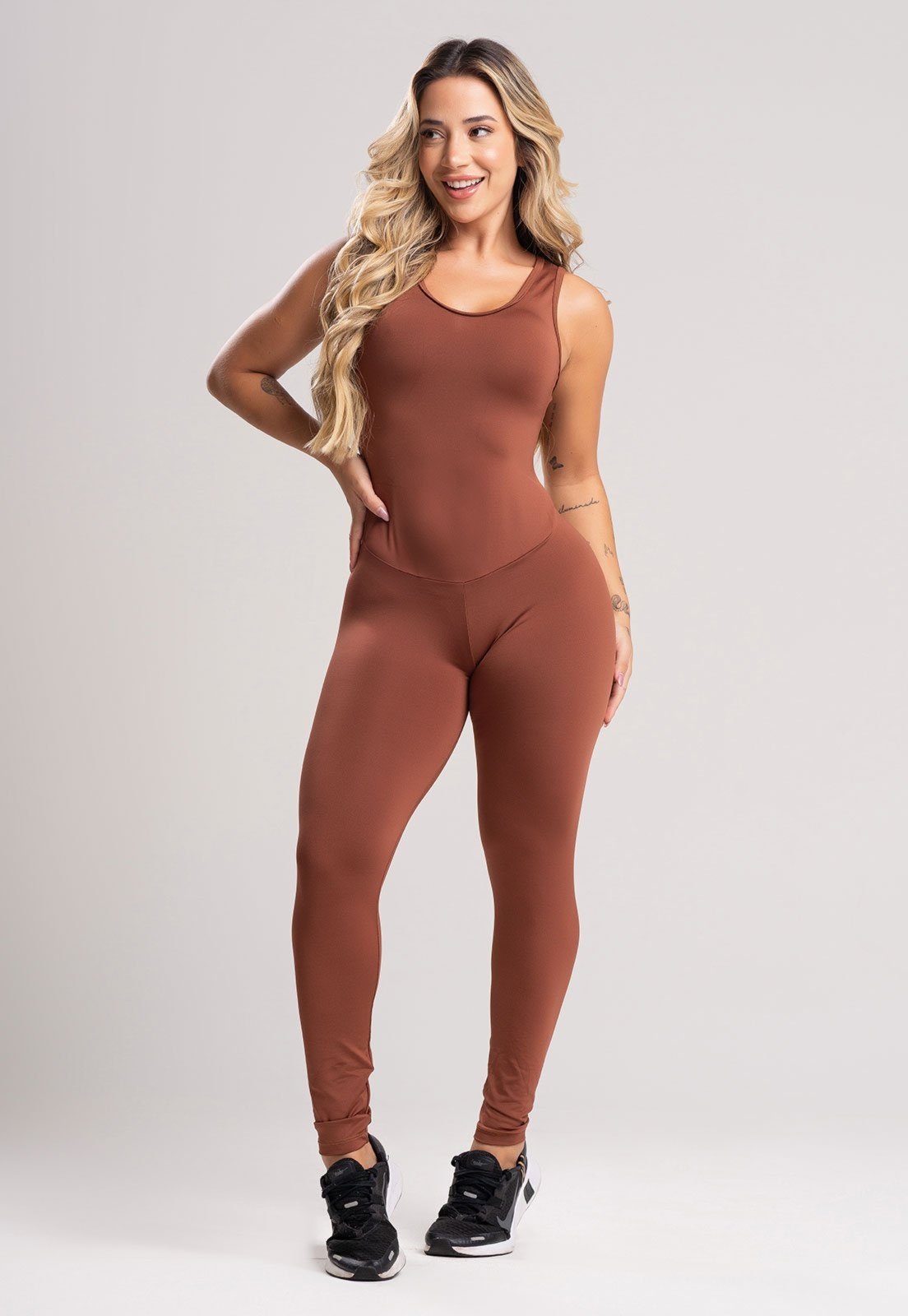 Macacão MVB Modas Longo Suplex Fitness Estampado Marrom