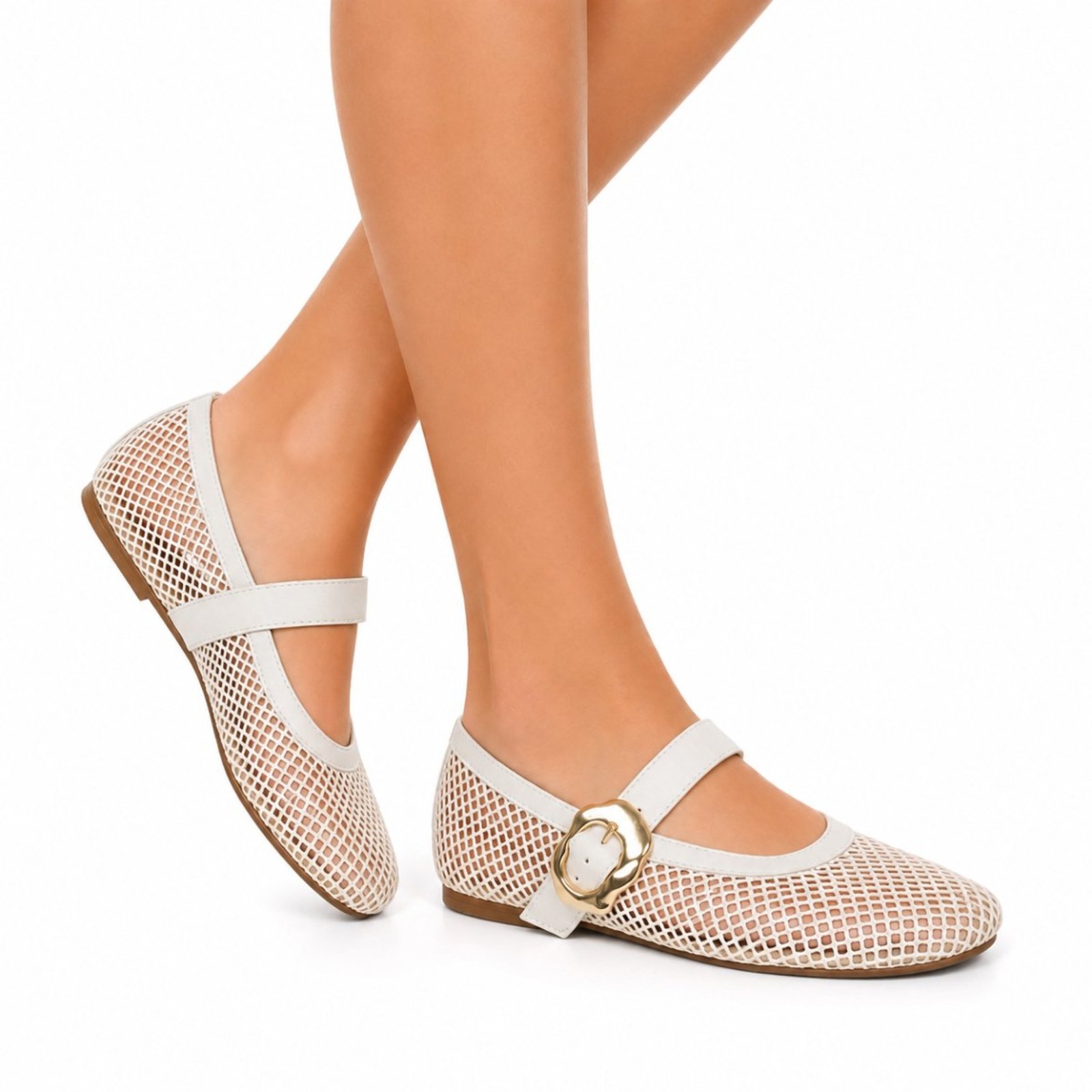 Sapatilha Estilo Boneca Bico Fino Sete Sales Telinha Tira Com Fivela Elegante 5404 Off White